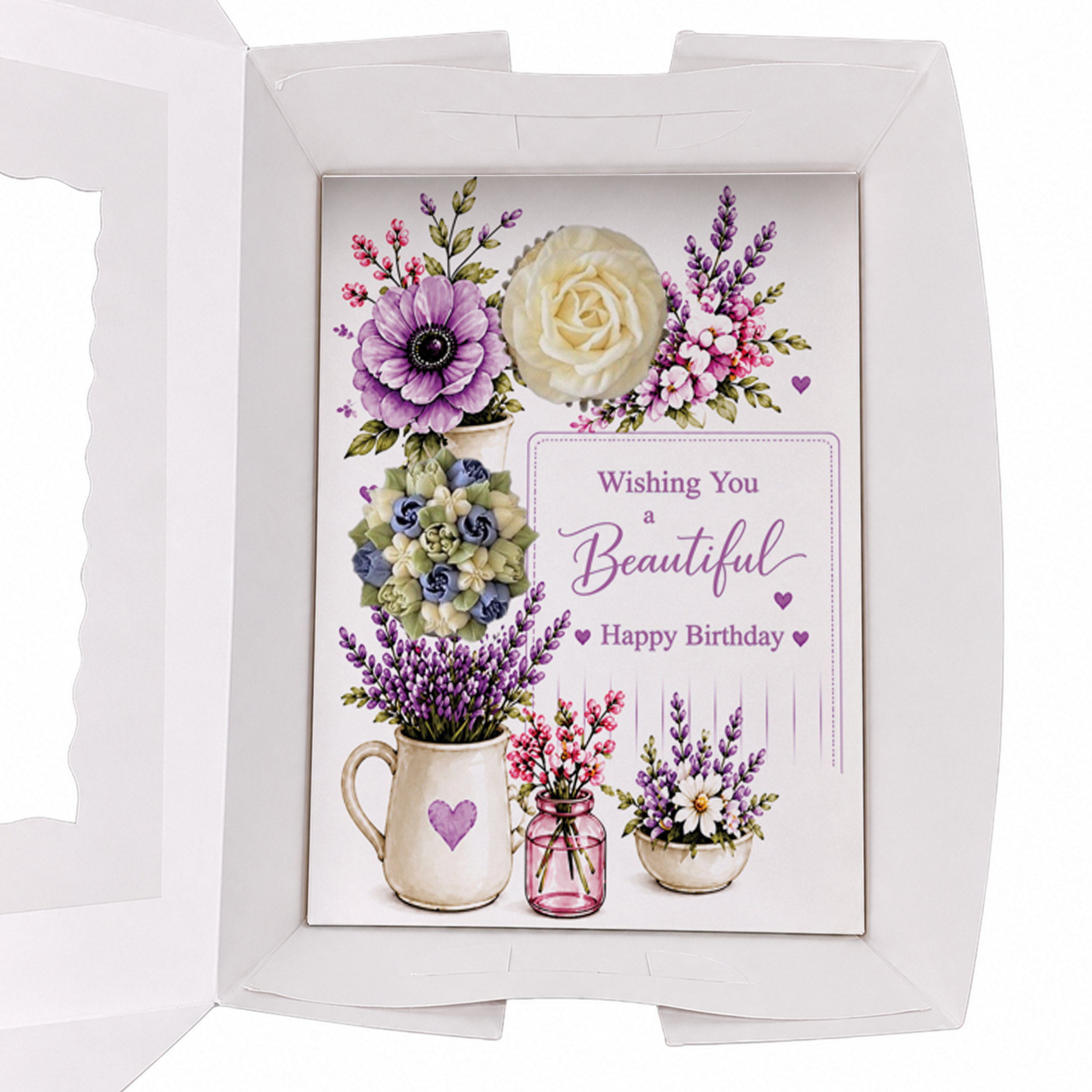 Birthday Cupcake Insert Template, Floral Cupcake Holder 2 , Printable Cupcake Bouquet, Happy Birthday Gift Box Insert, Purple Flower Design