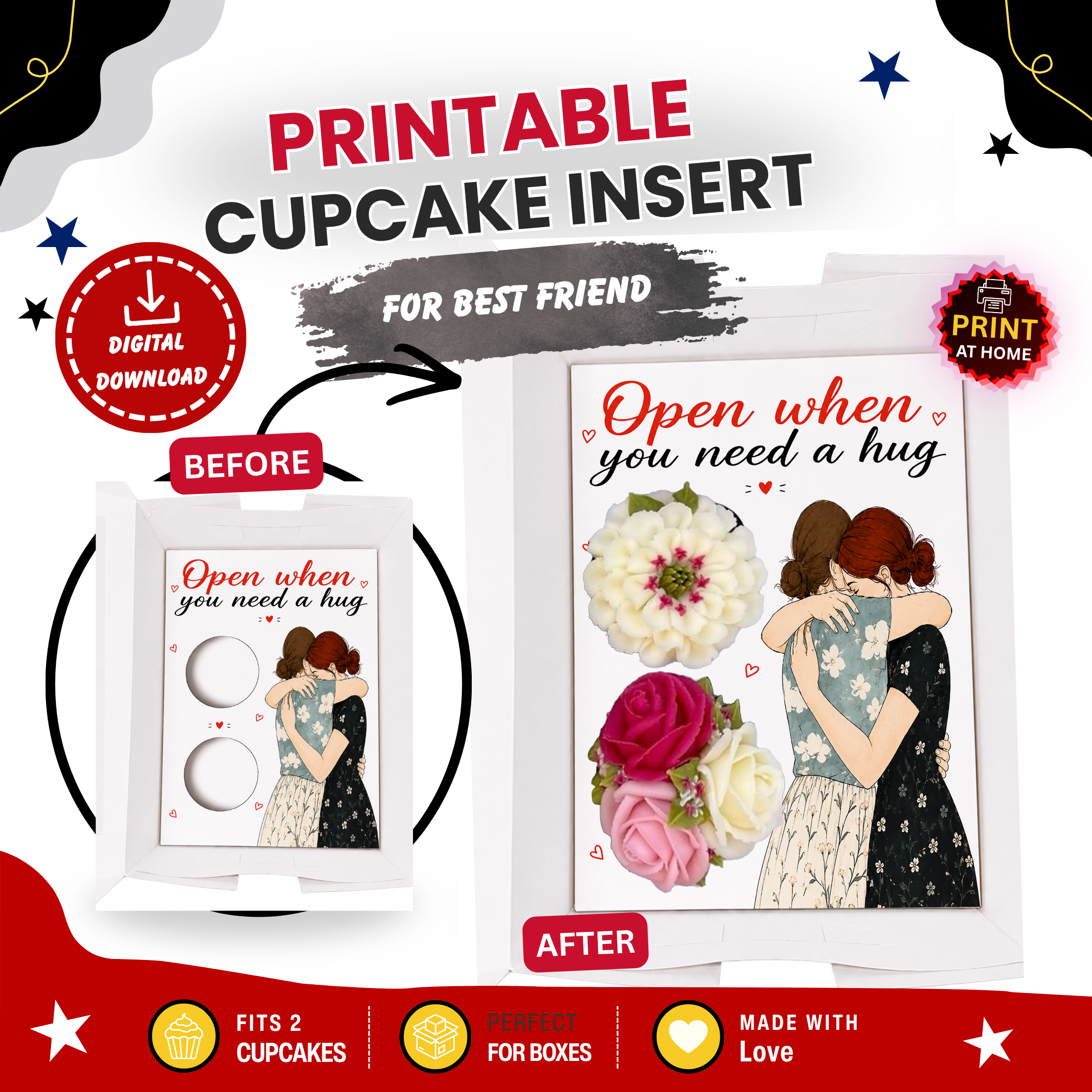 Open When You Need a Hug Cupcake Insert Template, 2 Cupcake Box Insert, Friendship Gift, Printable Cupcake Holder, Digital Download