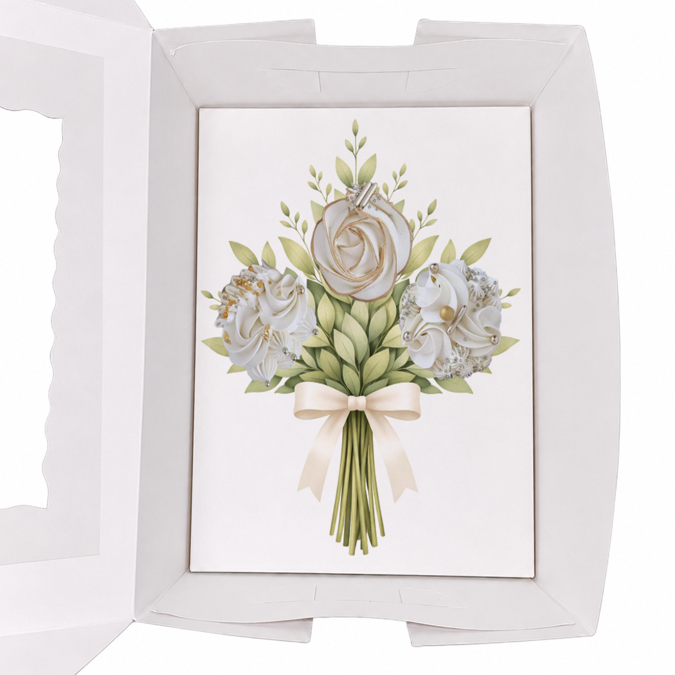 Flower Bouquet Cupcake Insert Template, White Ribbon Floral Cupcake Holder, Printable Gift Box Insert, 3 Cupcake Display
