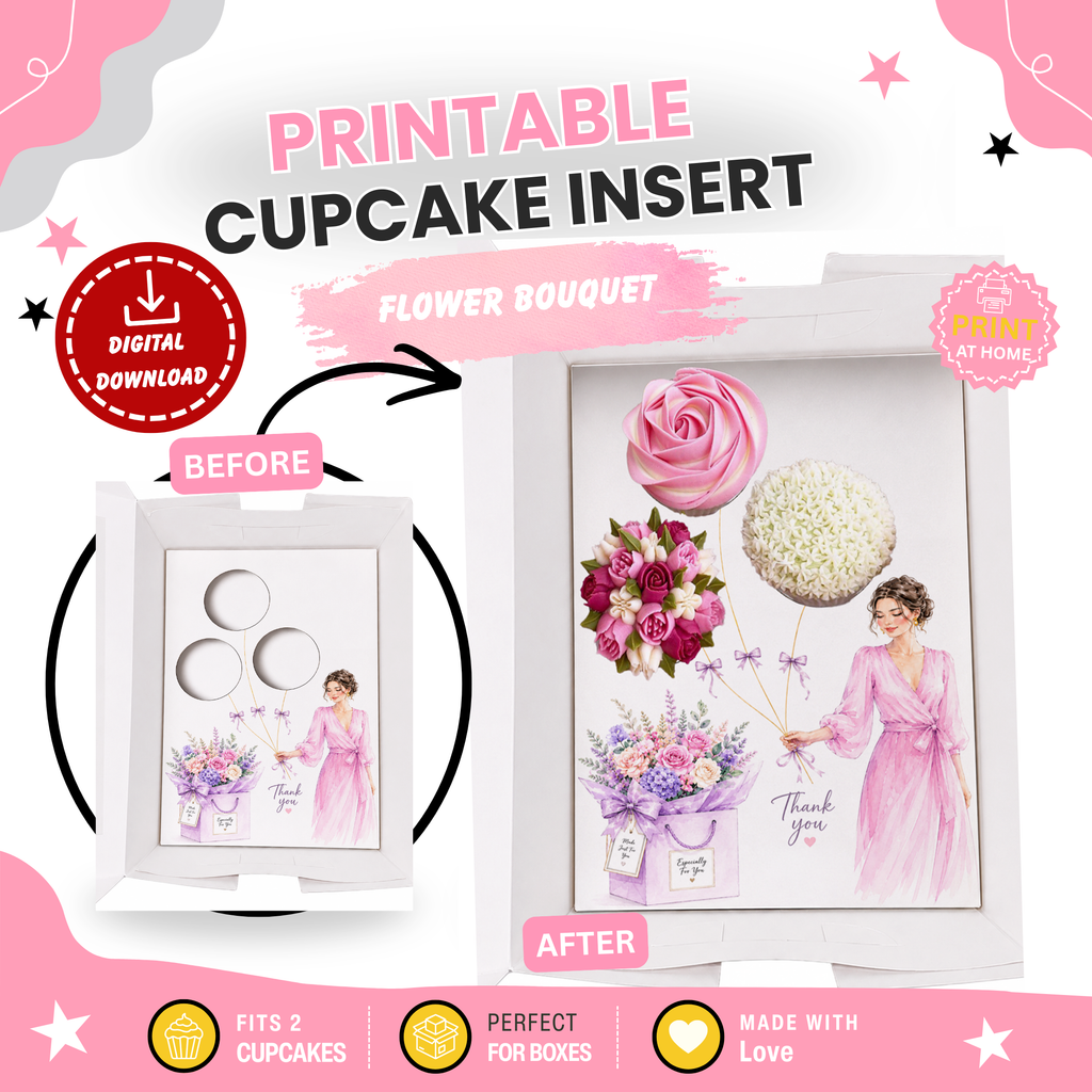 Thank You Cupcake Insert Template, Pink Floral Cupcake Bouquet Holder, 3 Cupcake Box Insert Printable, Bakery Gift Packaging