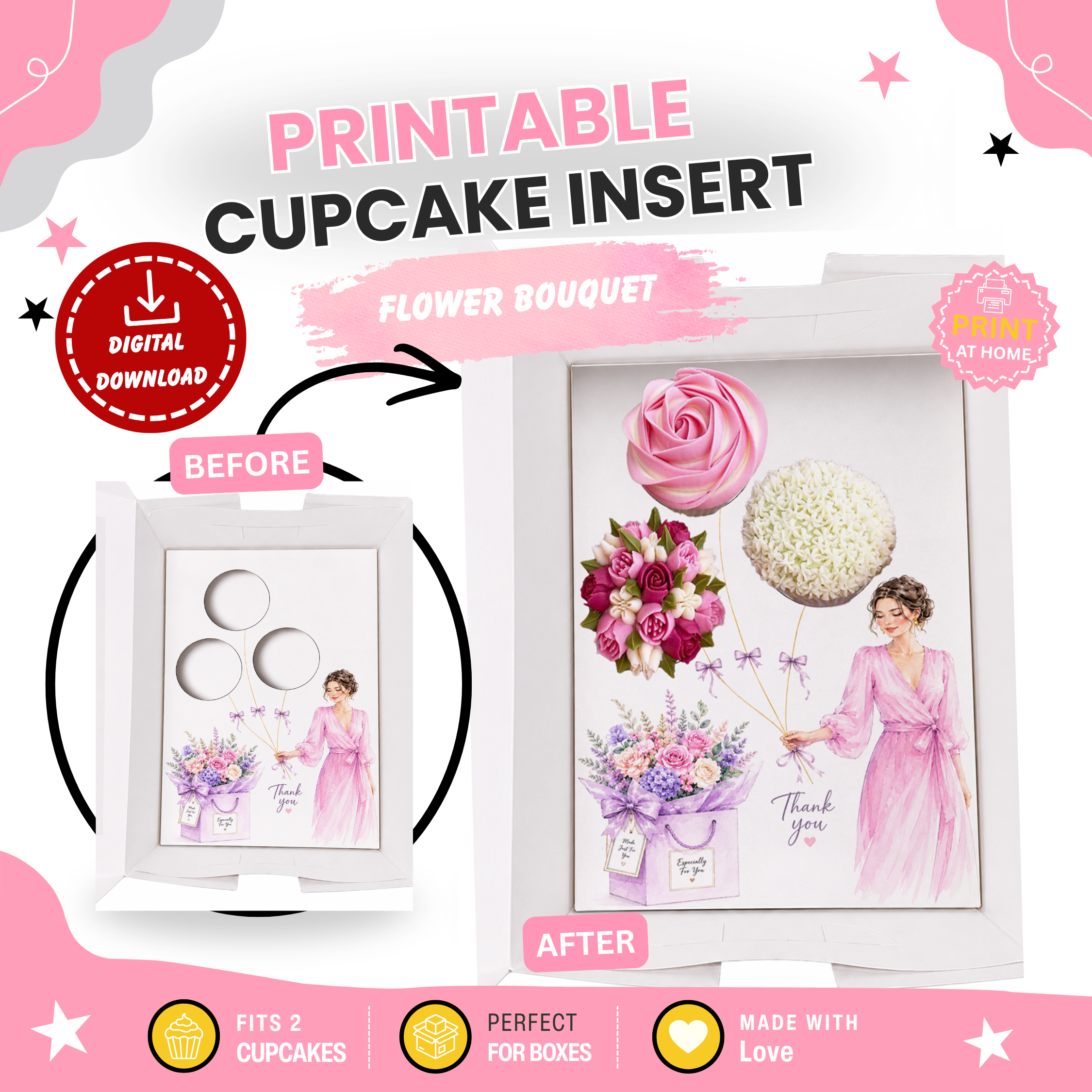 Thank You Cupcake Insert Template, Pink Floral Cupcake Bouquet Holder, 3 Cupcake Box Insert Printable, Bakery Gift Packaging