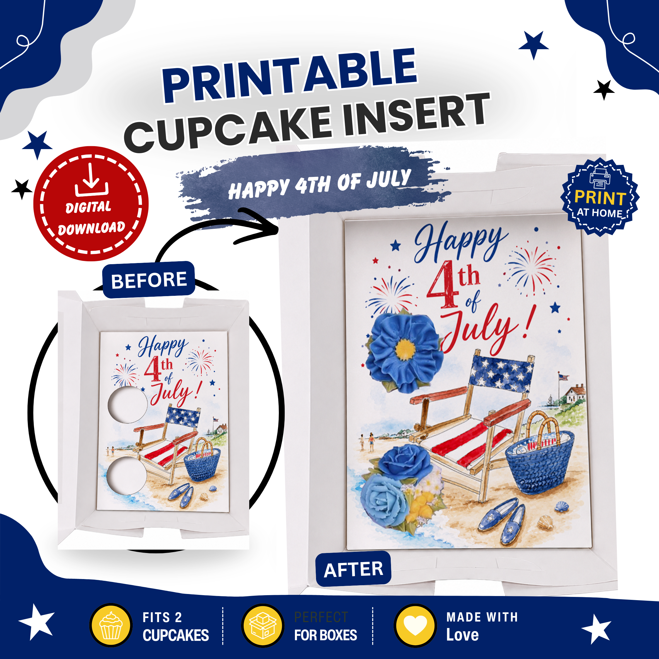 Happy 4th of July Cupcake Insert Template, 2 Cupcake Box Insert Printable, Patriotic Beach Bakery Packaging, Digital Download