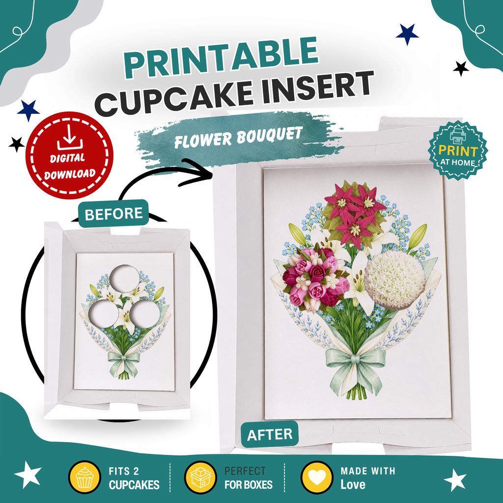 Floral Cupcake Bouquet Insert Template, 3 Cupcake Box Insert Printable, Lily Flower Cupcake Holder, Digital Bakery Packaging
