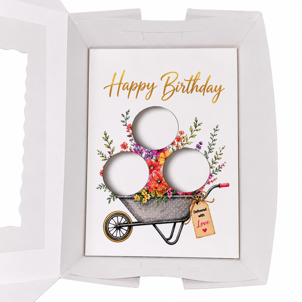 Happy Birthday Cupcake Insert Template, Flower Bouquet Cupcake Holder, 3 Cupcake Box Insert, Printable Cupcake Bouque Floral Gift Box Insert