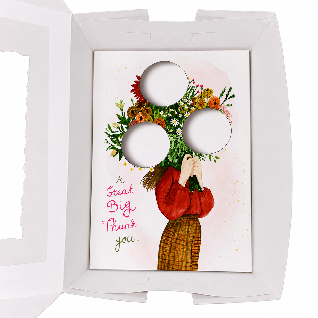 Thank You Cupcake Insert Template, Floral Cupcake Bouquet Holder, 3 Cupcake Box Insert Printable, Unique Cupcake Gift Box Insert