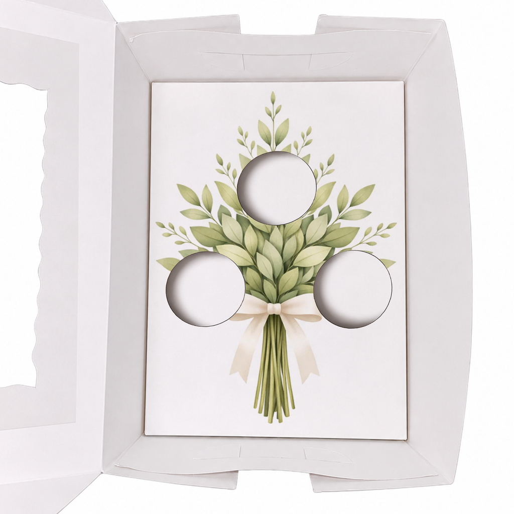 Flower Bouquet Cupcake Insert Template, White Ribbon Floral Cupcake Holder, Printable Gift Box Insert, 3 Cupcake Display