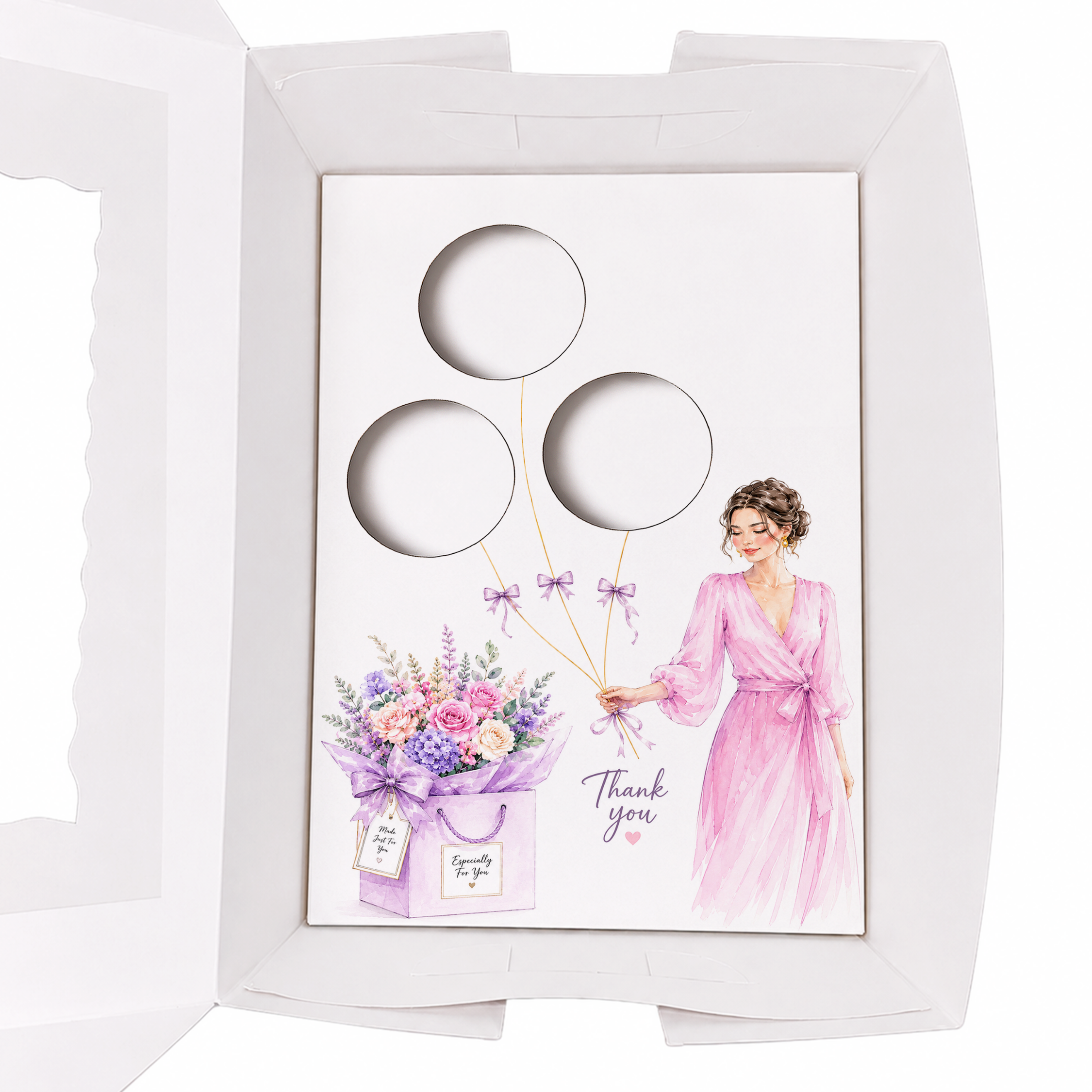 Thank You Cupcake Insert Template, Pink Floral Cupcake Bouquet Holder, 3 Cupcake Box Insert Printable, Bakery Gift Packaging