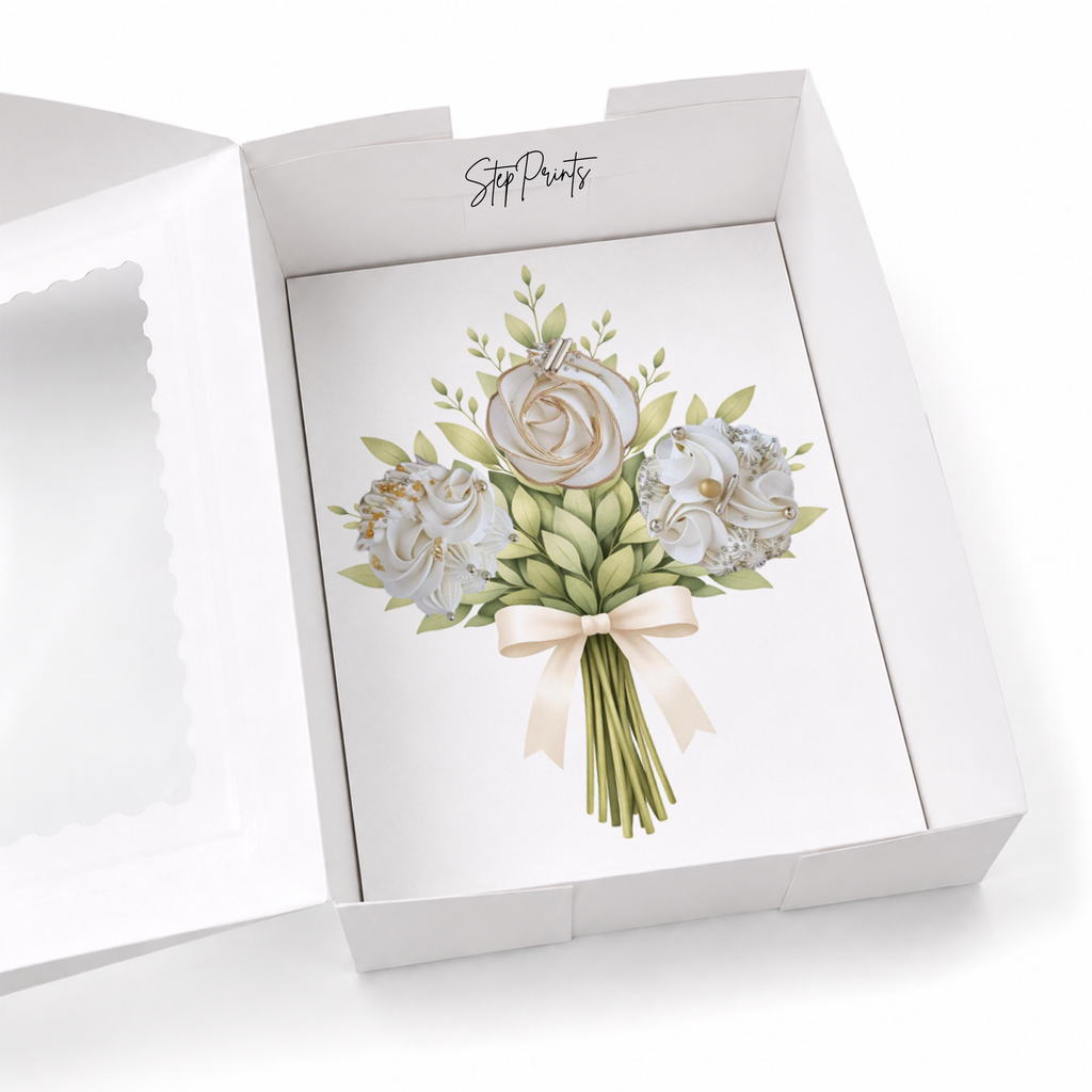 Flower Bouquet Cupcake Insert Template, White Ribbon Floral Cupcake Holder, Printable Gift Box Insert, 3 Cupcake Display