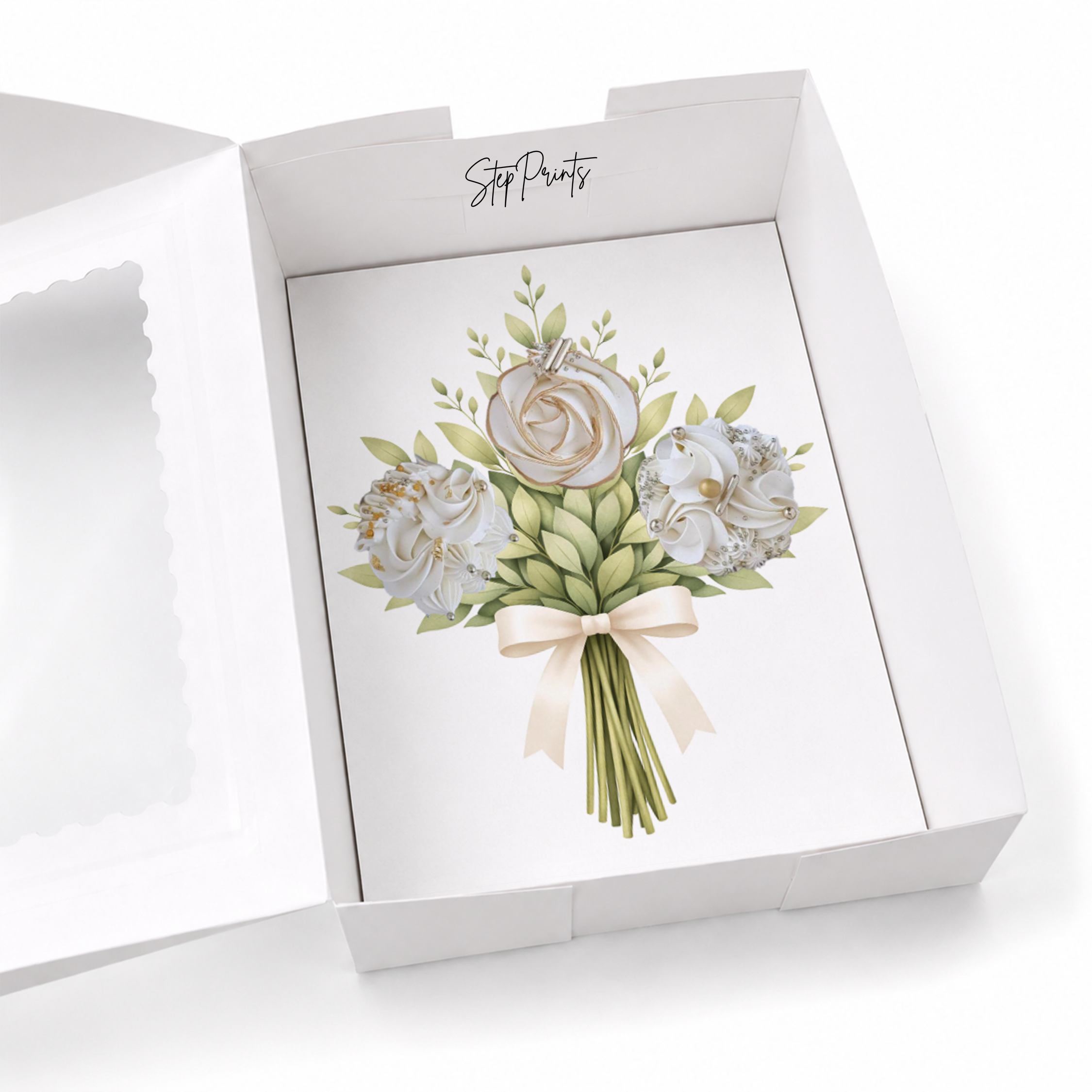 Flower Bouquet Cupcake Insert Template, White Ribbon Floral Cupcake Holder, Printable Gift Box Insert, 3 Cupcake Display