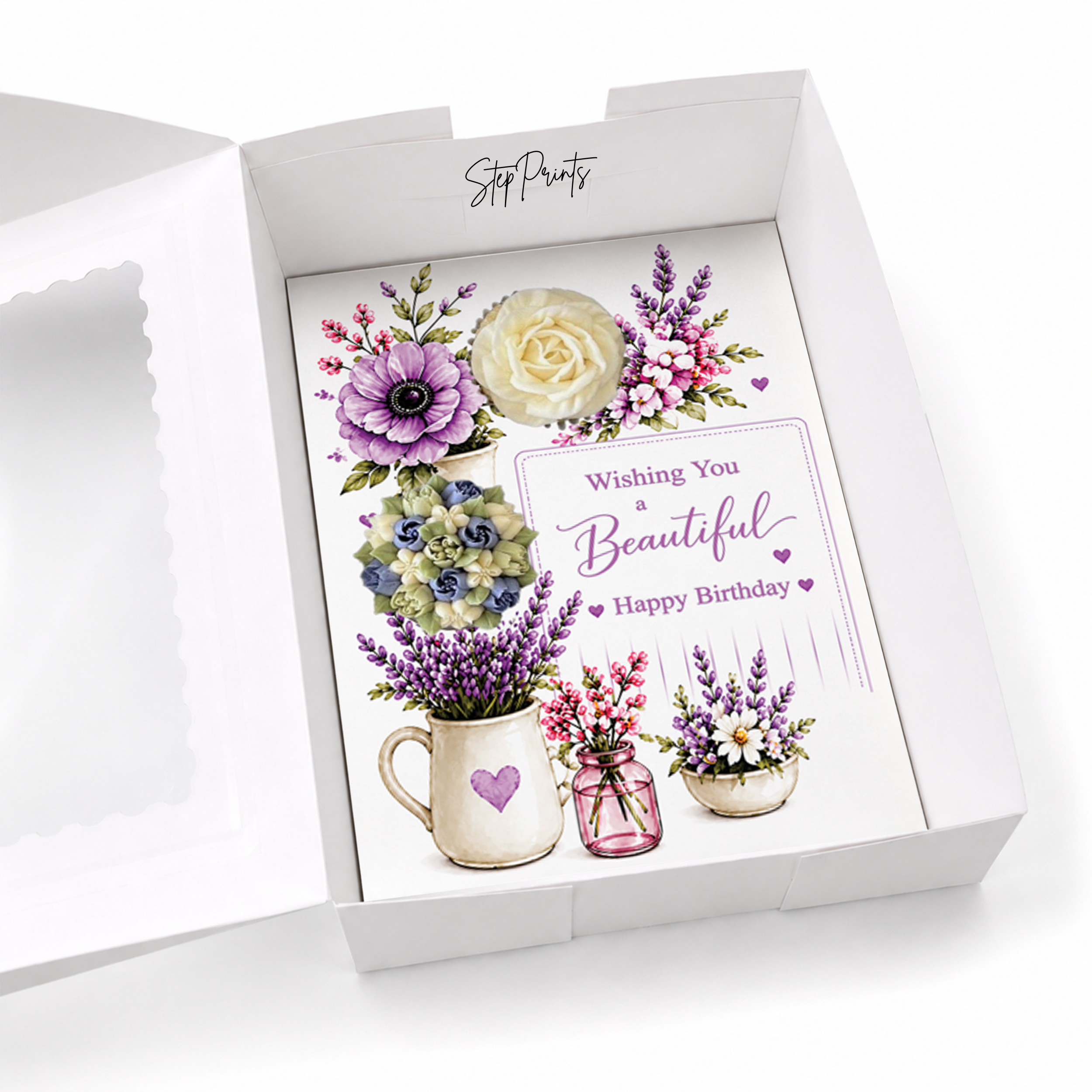 Birthday Cupcake Insert Template, Floral Cupcake Holder 2 , Printable Cupcake Bouquet, Happy Birthday Gift Box Insert, Purple Flower Design
