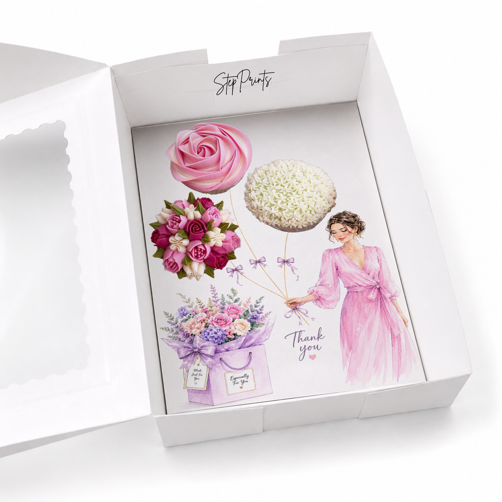 Thank You Cupcake Insert Template, Pink Floral Cupcake Bouquet Holder, 3 Cupcake Box Insert Printable, Bakery Gift Packaging