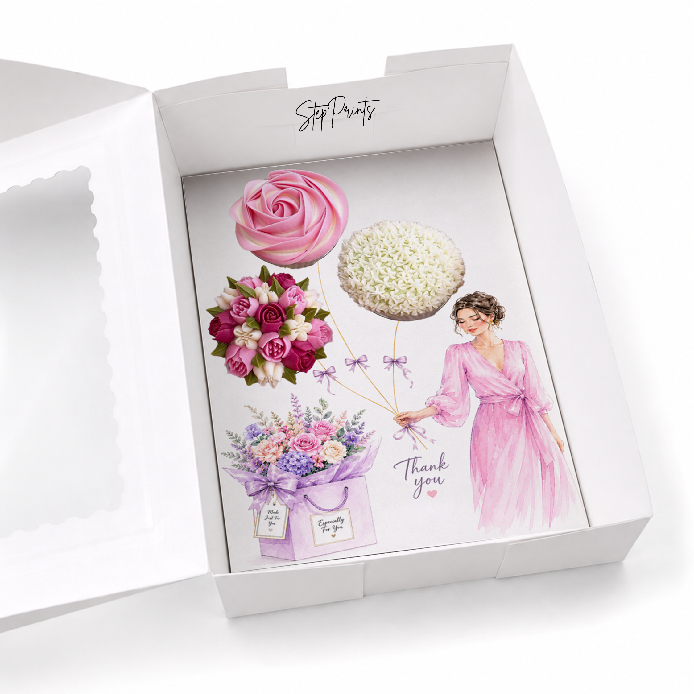 Thank You Cupcake Insert Template, Pink Floral Cupcake Bouquet Holder, 3 Cupcake Box Insert Printable, Bakery Gift Packaging