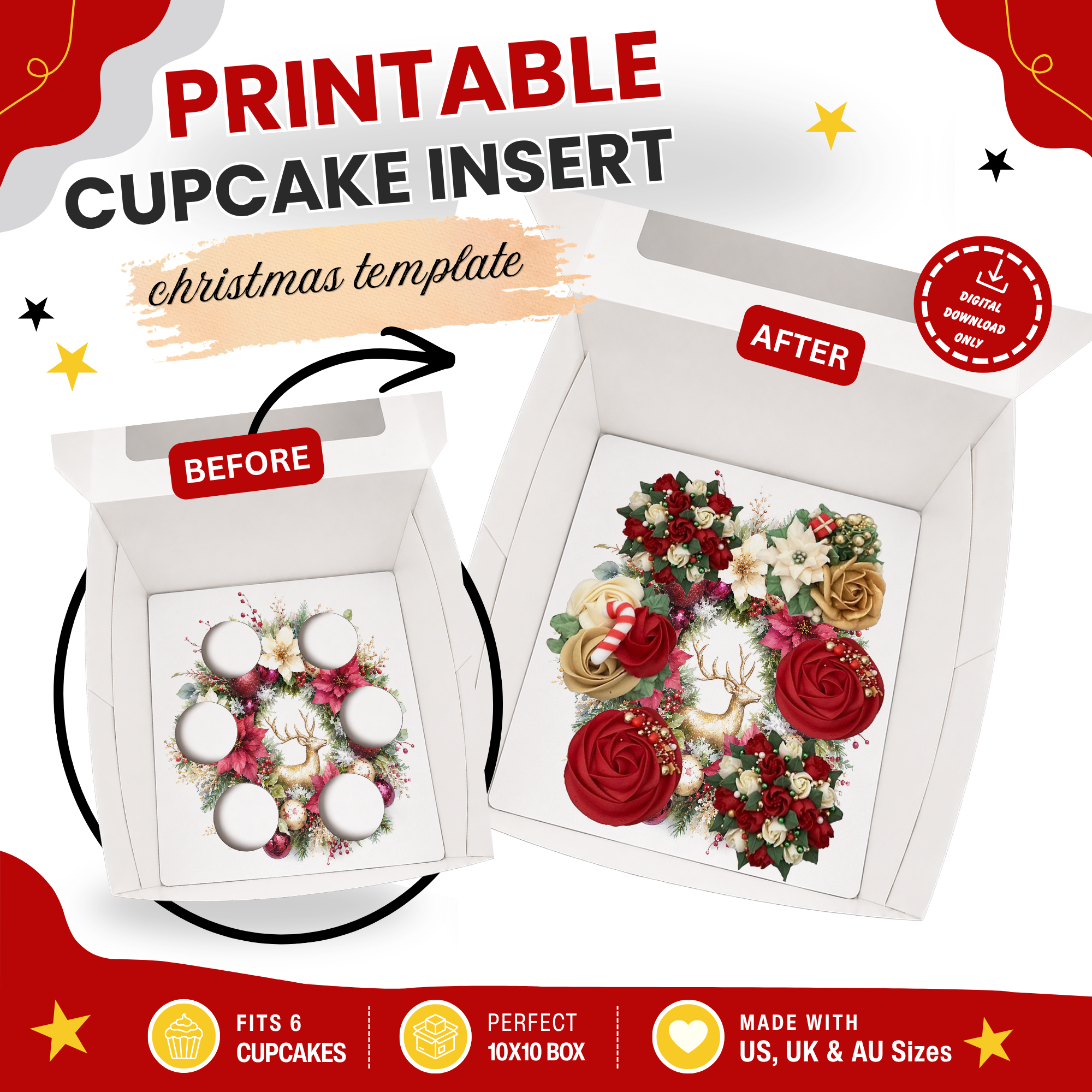 Christmas Cupcake Box Insert Template Printable, 6 Cupcake Holder for 10x10 Box, Reindeer Floral Wreath, Digital Download US UK AU
