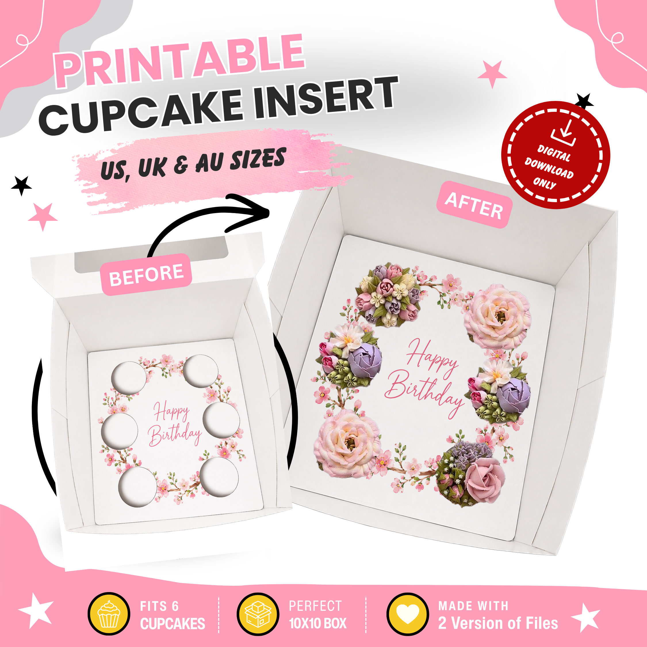 Happy Birthday Cupcake Box Insert Template Printable, Pink Cherry Blossom 6 Cupcake Holder, Floral Bouquet Display, USA UK AUS
