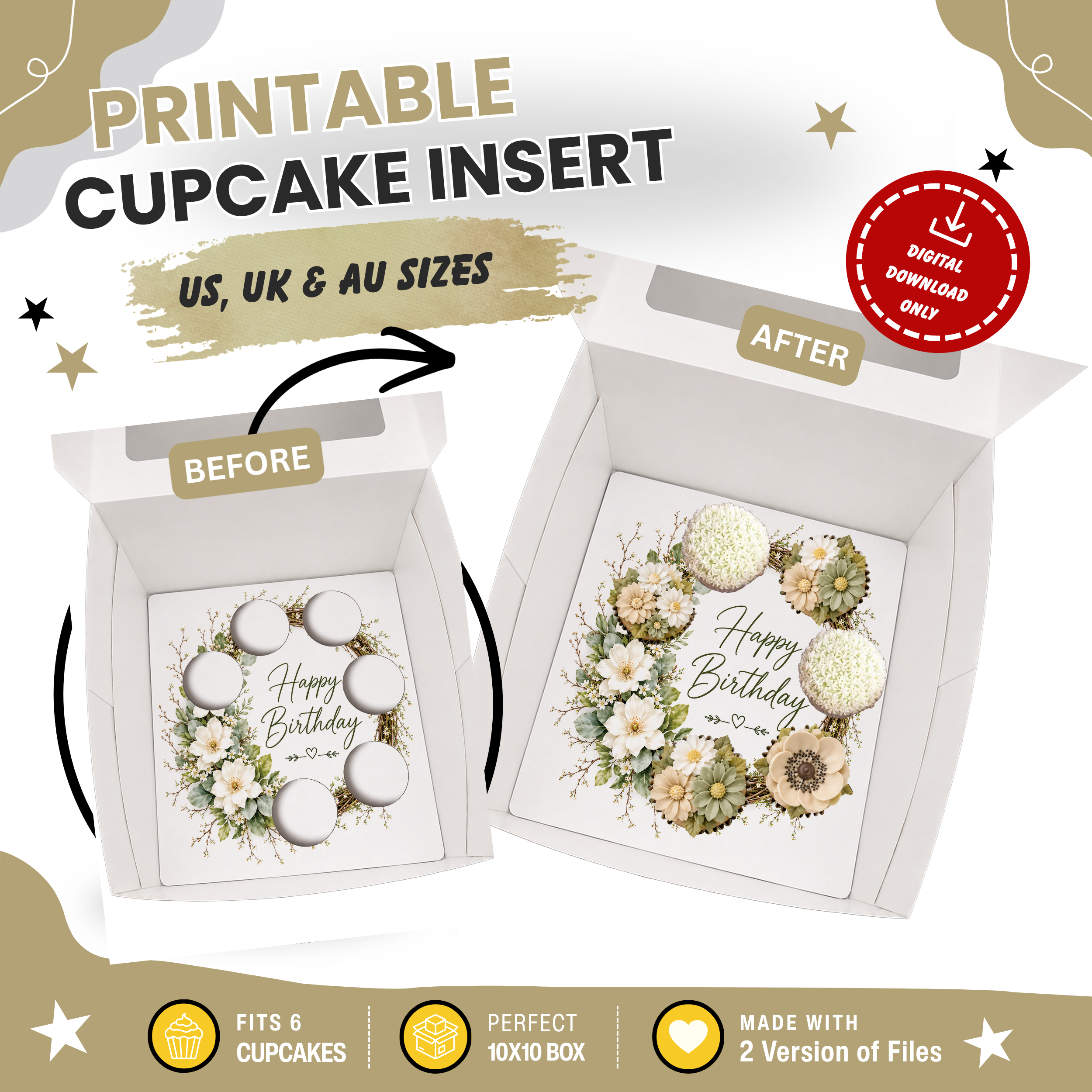 Happy Birthday Cupcake Box Insert Template Printable, Ivory Sage Floral 6 Cupcake Holder, Botanical Bouquet Display, USA UK AUS