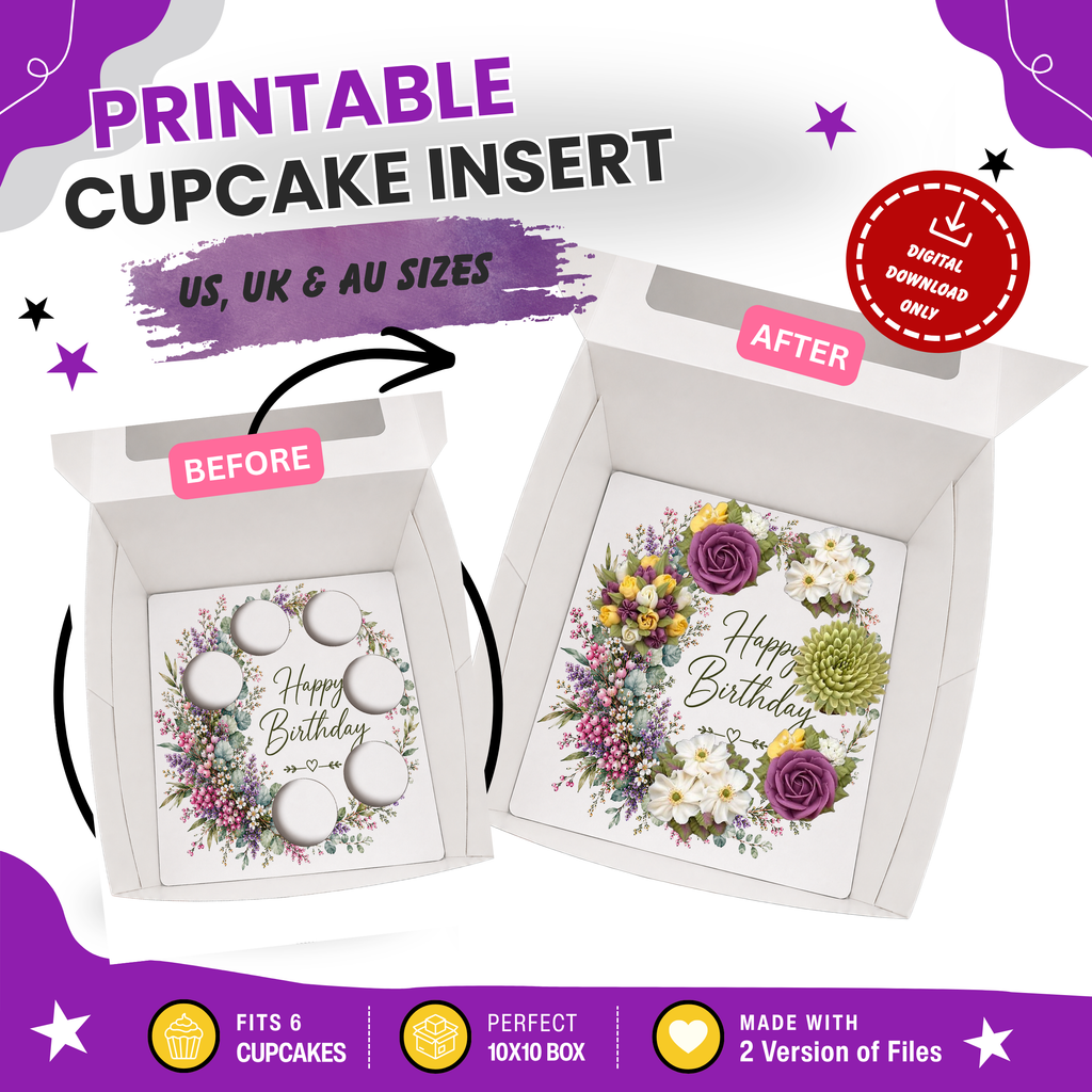 Happy Birthday Cupcake Box Insert Template Printable, Colorful Wildflower 6 Cupcake Holder, Floral Bouquet Display, USA UK AUS