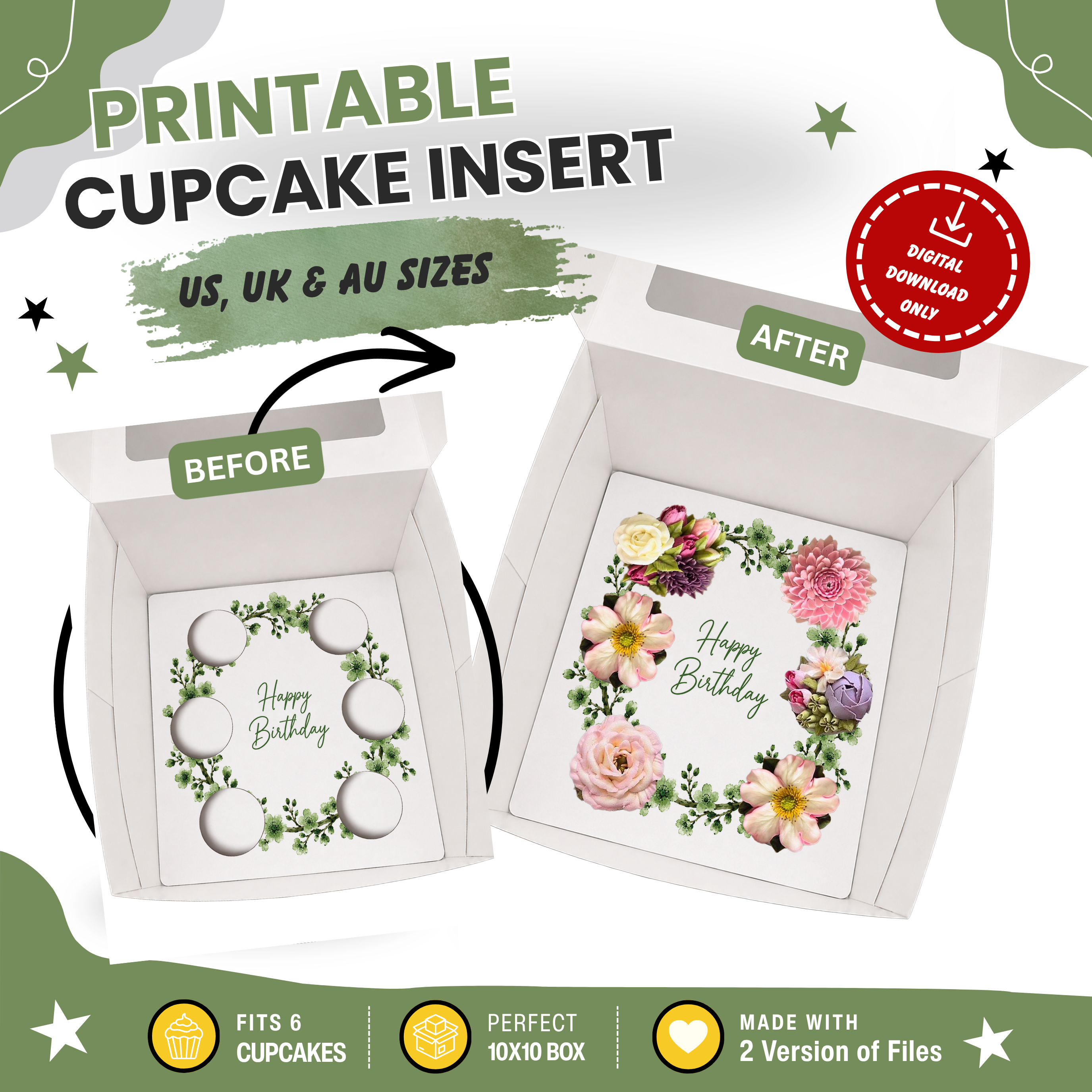 Happy Birthday Cupcake Box Insert Template Printable, Sage Green Floral 6 Cupcake Holder, Botanical Bouquet Display, USA UK AUS