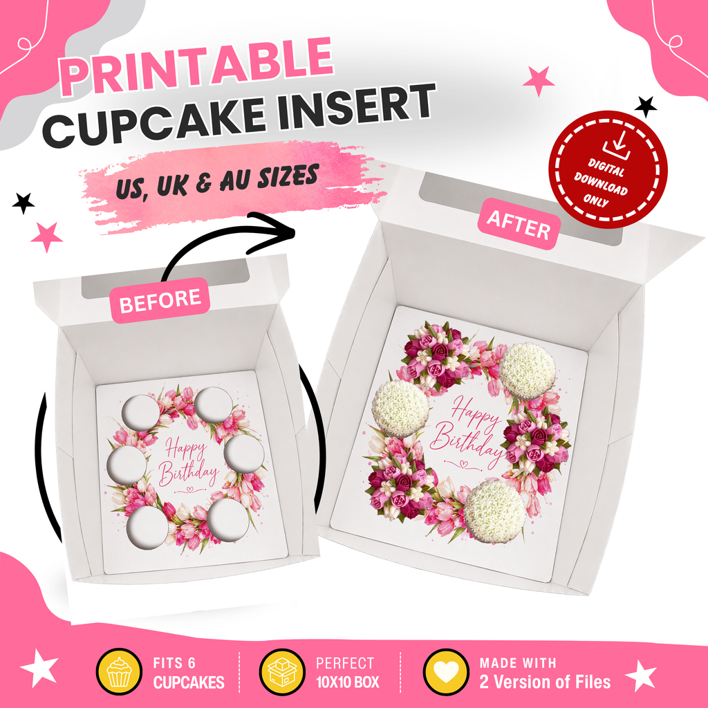 Happy Birthday Cupcake Box Insert Template Printable, Pink Tulip 6 Cupcake Holder, Floral Bouquet Display, USA UK AUS