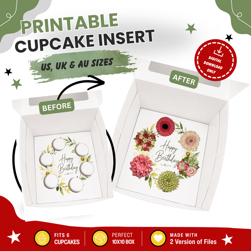 Happy Birthday Cupcake Box Insert Template Printable, Yellow Wildflower 6 Cupcake Holder, Floral Bouquet Display, USA UK AUS