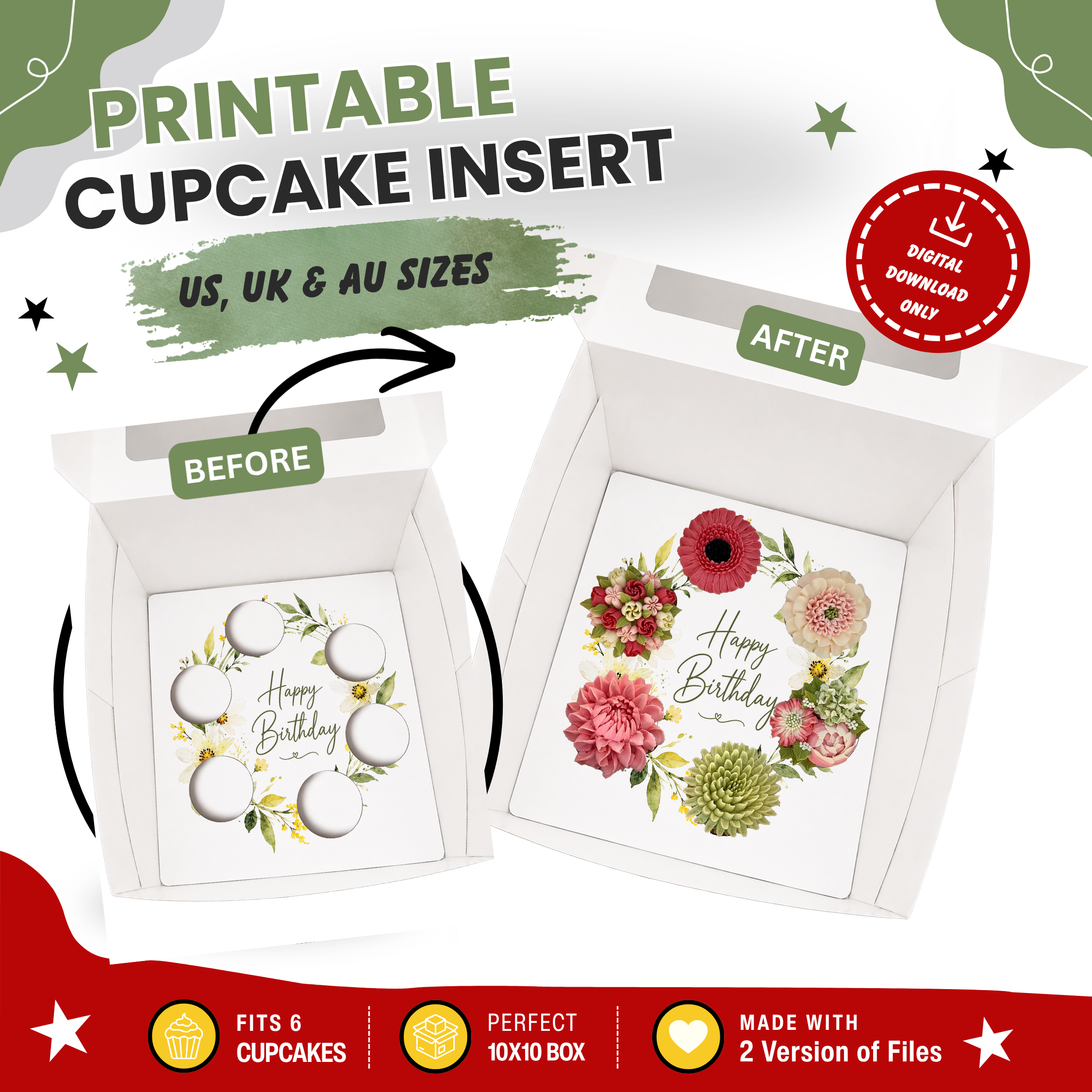 Happy Birthday Cupcake Box Insert Template Printable, Yellow Wildflower 6 Cupcake Holder, Floral Bouquet Display, USA UK AUS