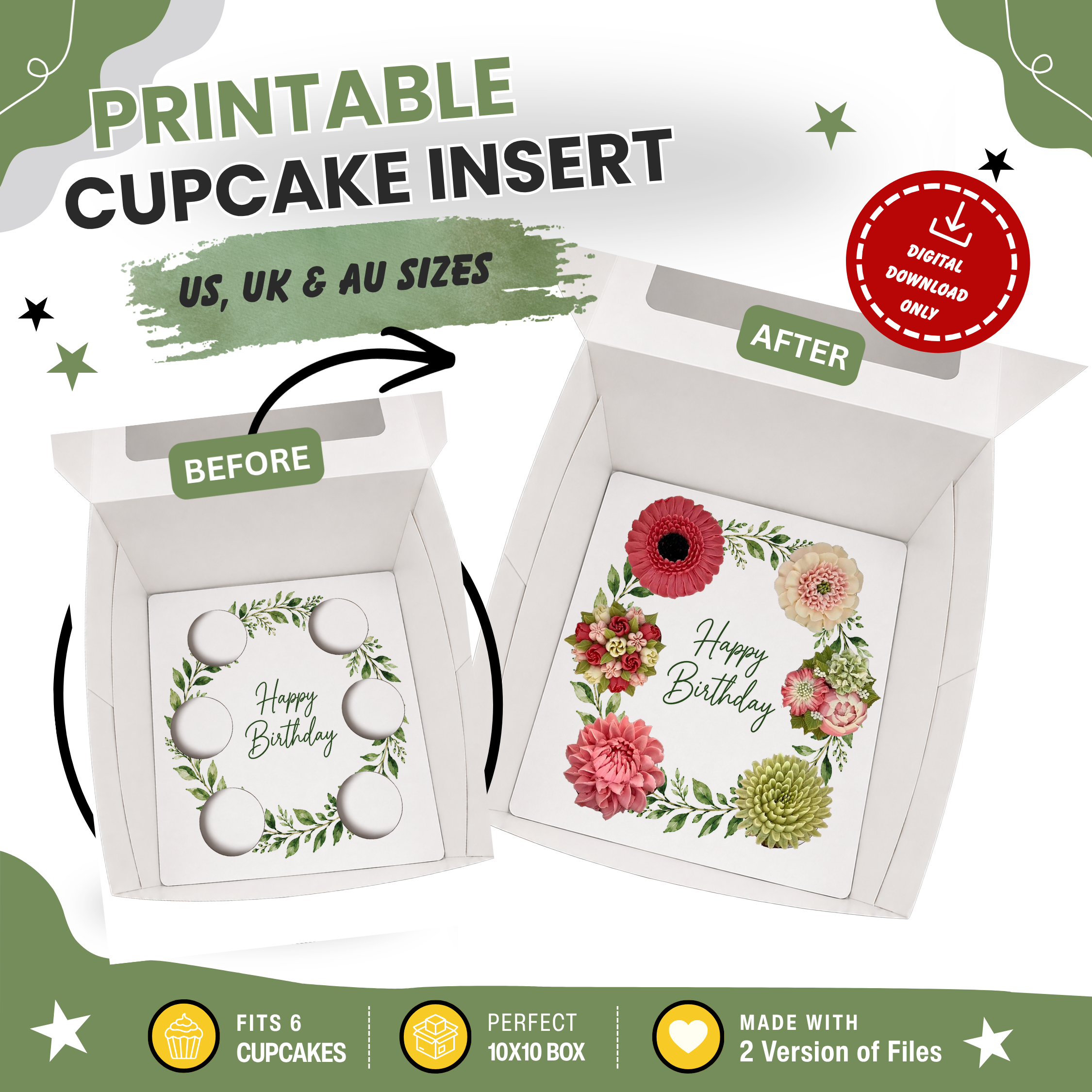 Happy Birthday Cupcake Box Insert Template Printable, Green Leaf Wreath 6 Cupcake Holder, Botanical Bouquet Display, USA UK AUS