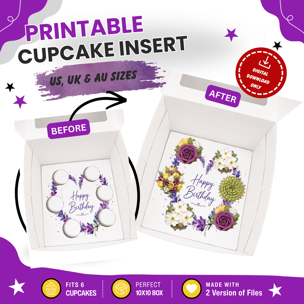 Happy Birthday Cupcake Box Insert Template Printable, Purple Lavender 6 Cupcake Holder, Floral Bouquet Display, USA UK AUS