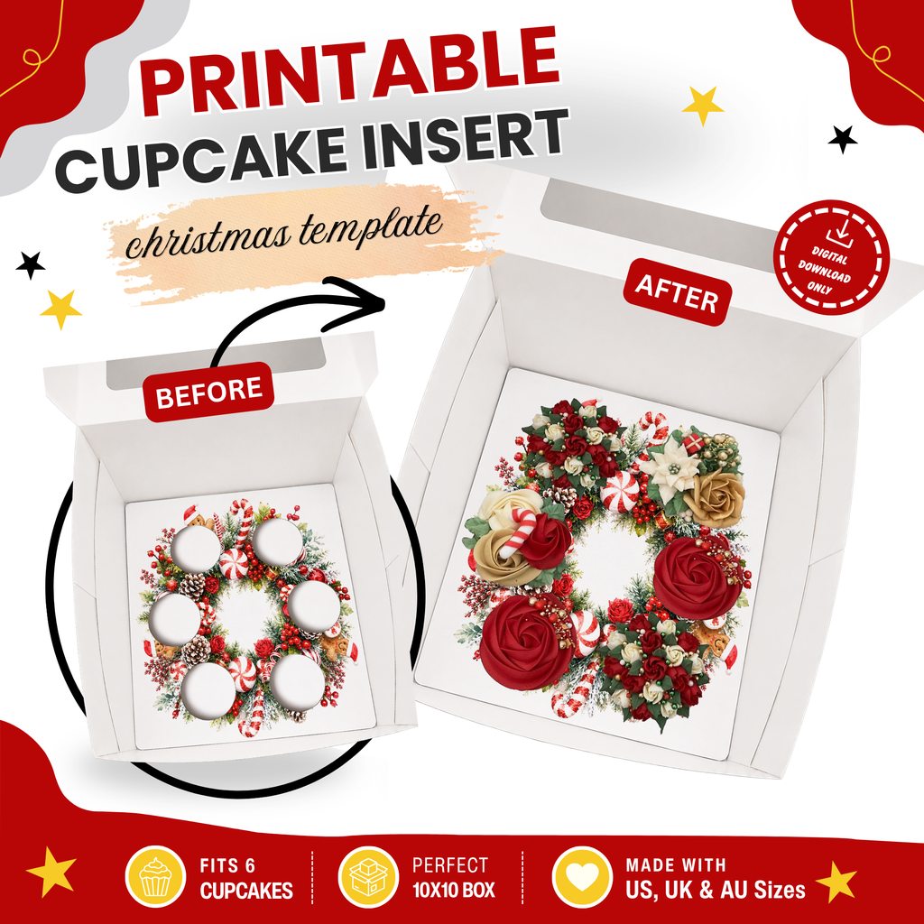 Christmas Cupcake Box Insert Template Printable, 6 Cupcake Holder for 10x10 Box, Reindeer Floral Wreath, Digital Download US UK AU