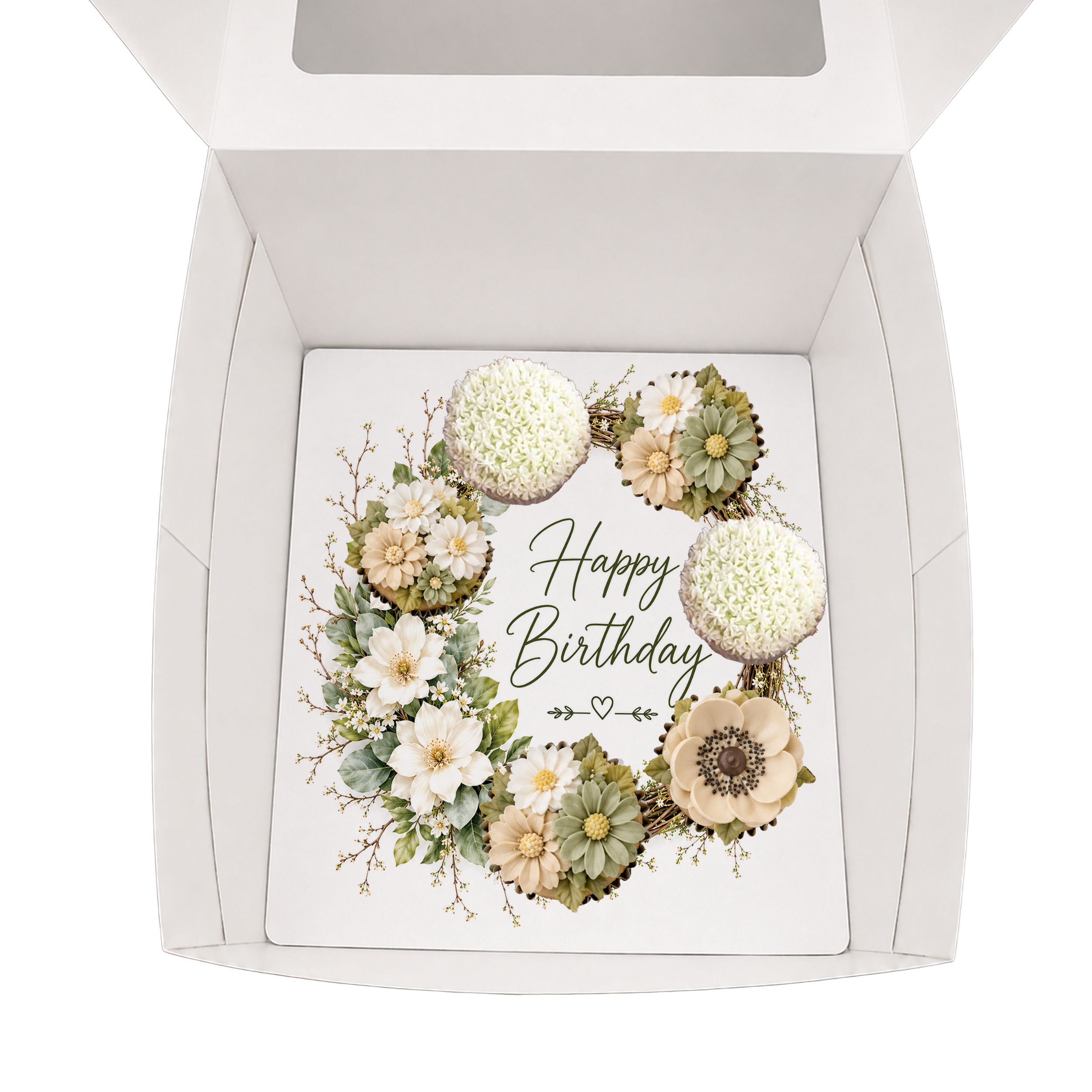 Happy Birthday Cupcake Box Insert Template Printable, Ivory Sage Floral 6 Cupcake Holder, Botanical Bouquet Display, USA UK AUS
