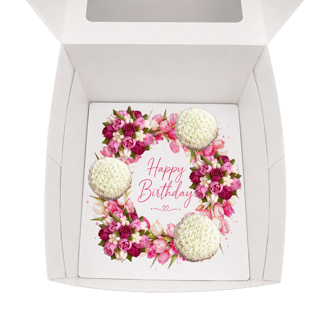 Happy Birthday Cupcake Box Insert Template Printable, Pink Tulip 6 Cupcake Holder, Floral Bouquet Display, USA UK AUS