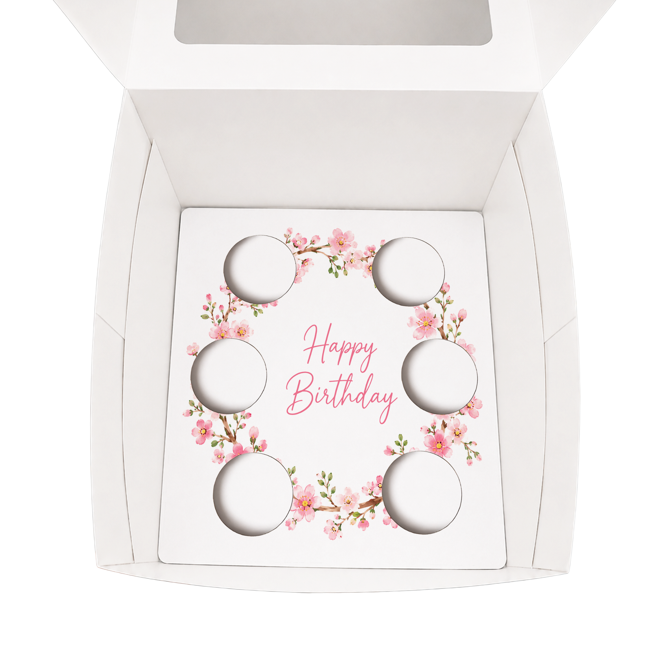 Happy Birthday Cupcake Box Insert Template Printable, Pink Cherry Blossom 6 Cupcake Holder, Floral Bouquet Display, USA UK AUS