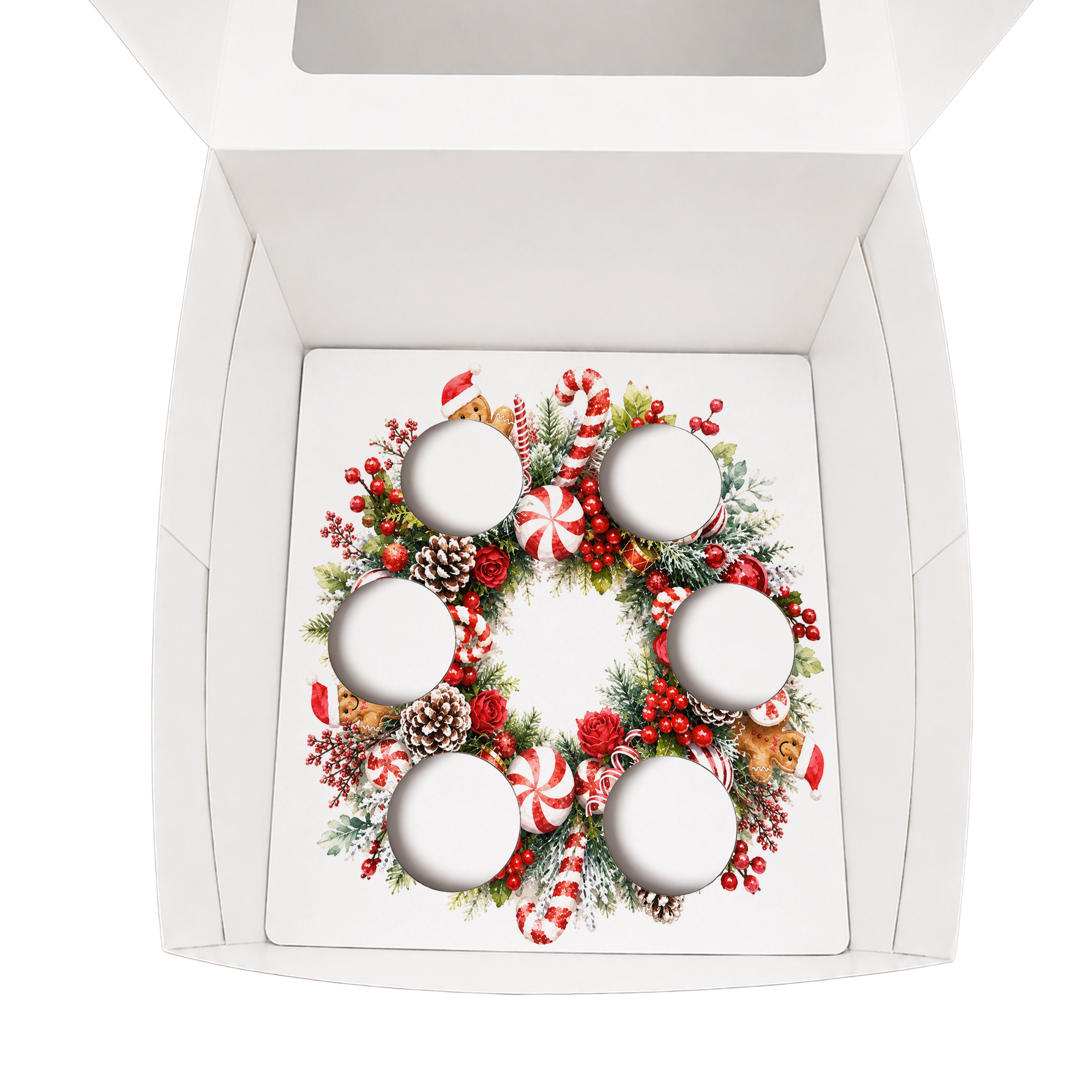 Christmas Cupcake Box Insert Template Printable, 6 Cupcake Holder for 10x10 Box, Reindeer Floral Wreath, Digital Download US UK AU