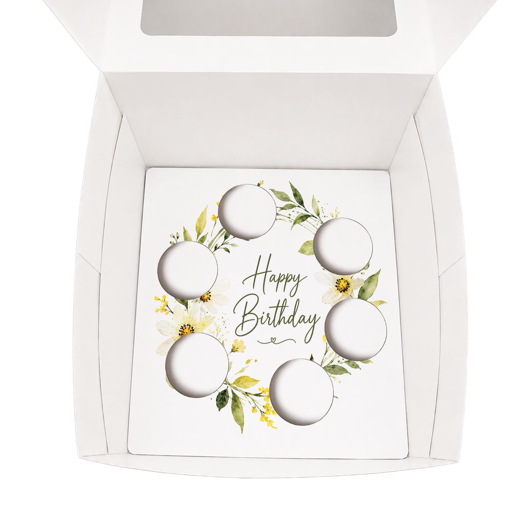 Happy Birthday Cupcake Box Insert Template Printable, Yellow Wildflower 6 Cupcake Holder, Floral Bouquet Display, USA UK AUS