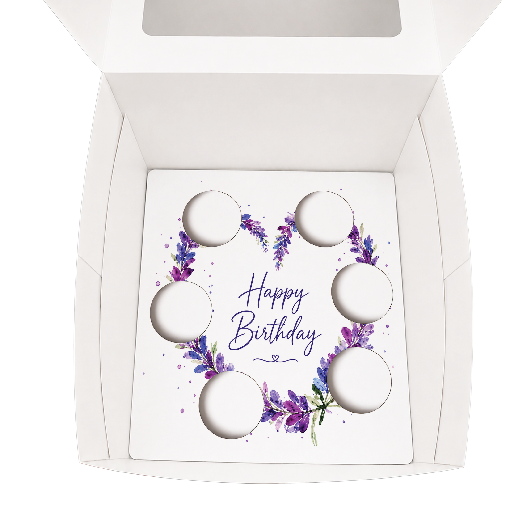 Happy Birthday Cupcake Box Insert Template Printable, Purple Lavender 6 Cupcake Holder, Floral Bouquet Display, USA UK AUS