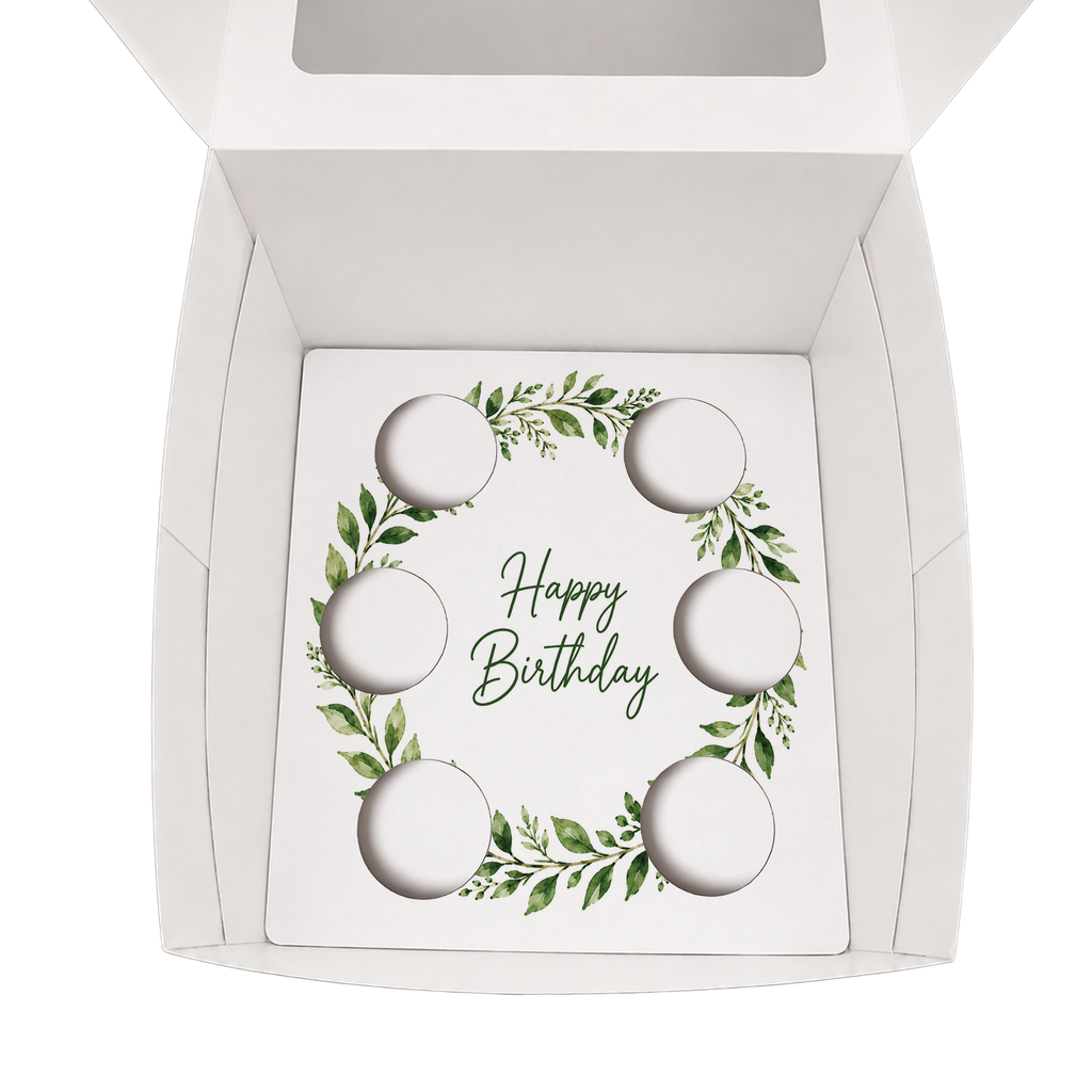 Happy Birthday Cupcake Box Insert Template Printable, Green Leaf Wreath 6 Cupcake Holder, Botanical Bouquet Display, USA UK AUS