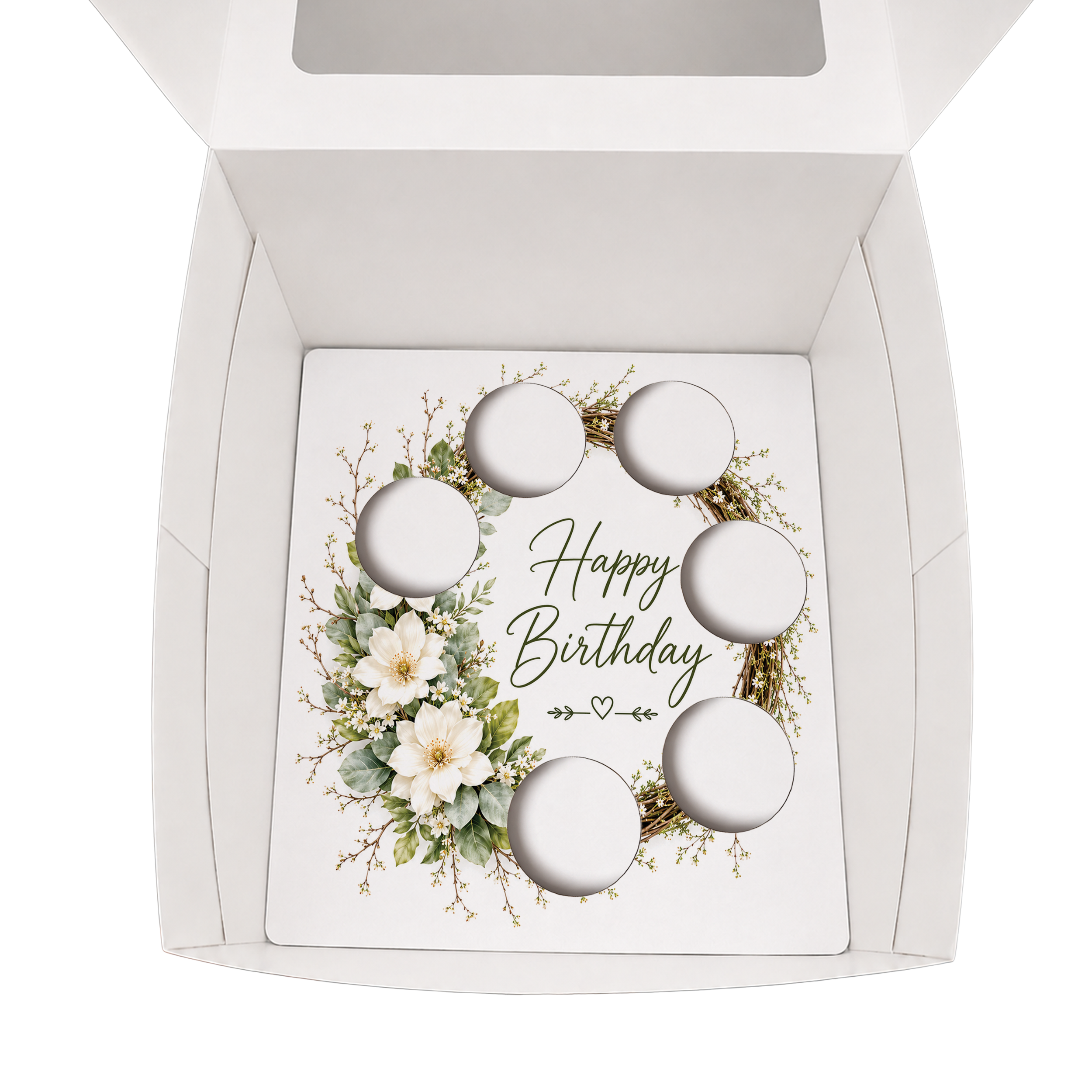 Happy Birthday Cupcake Box Insert Template Printable, Ivory Sage Floral 6 Cupcake Holder, Botanical Bouquet Display, USA UK AUS
