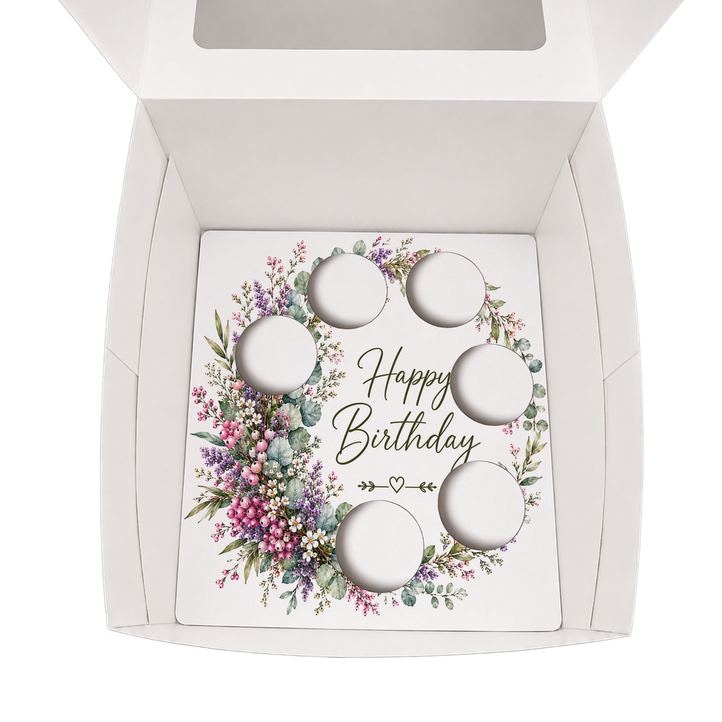 Happy Birthday Cupcake Box Insert Template Printable, Colorful Wildflower 6 Cupcake Holder, Floral Bouquet Display, USA UK AUS