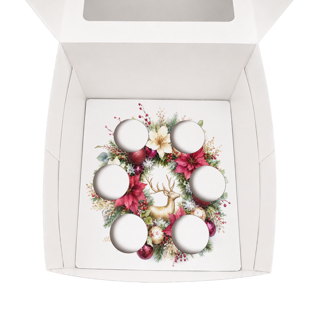 Christmas Cupcake Box Insert Template Printable, 6 Cupcake Holder for 10x10 Box, Reindeer Floral Wreath, Digital Download US UK AU