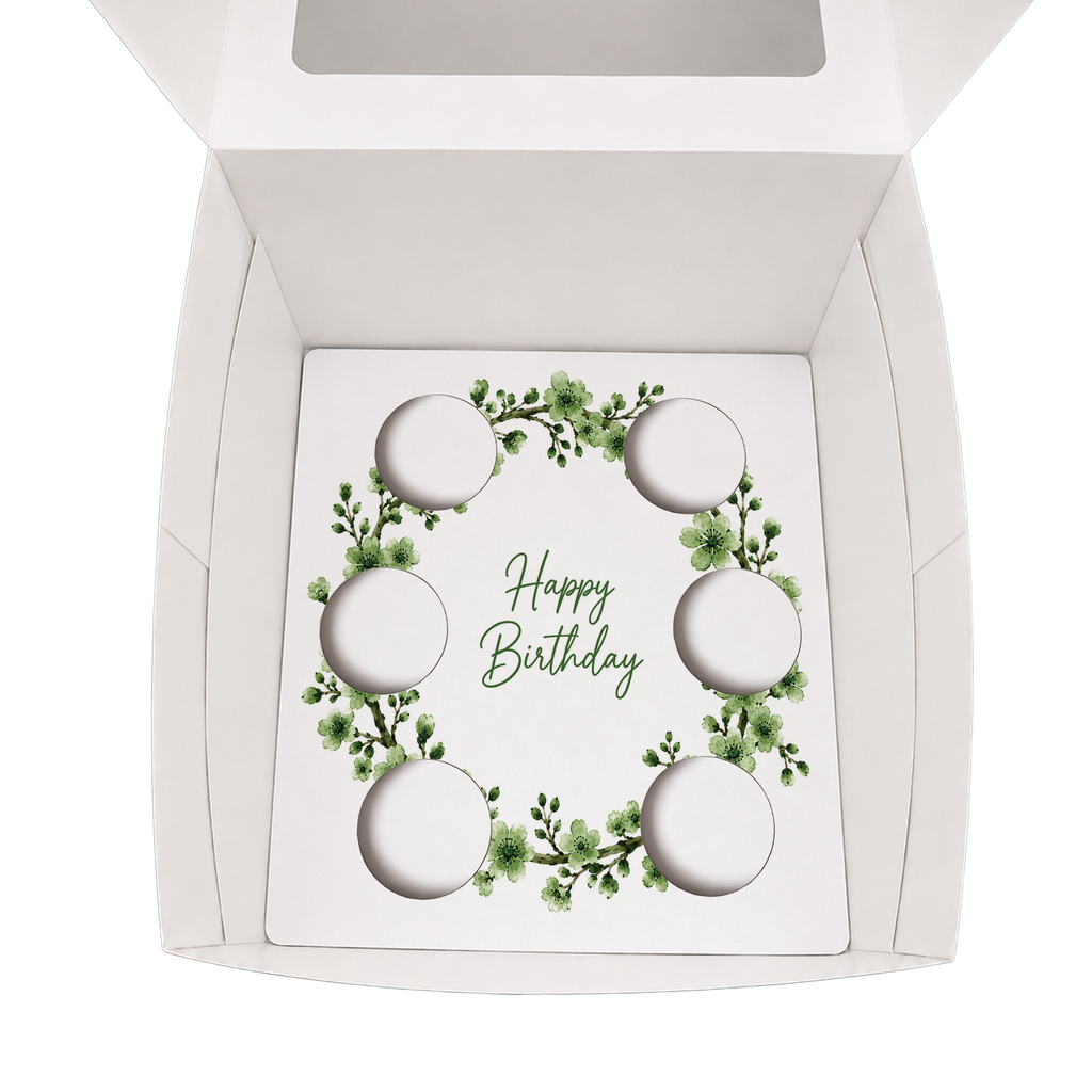 Happy Birthday Cupcake Box Insert Template Printable, Sage Green Floral 6 Cupcake Holder, Botanical Bouquet Display, USA UK AUS
