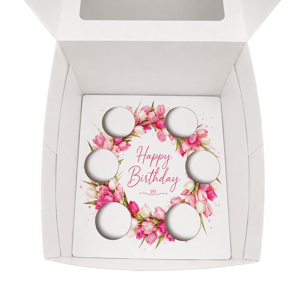 Happy Birthday Cupcake Box Insert Template Printable, Pink Tulip 6 Cupcake Holder, Floral Bouquet Display, USA UK AUS