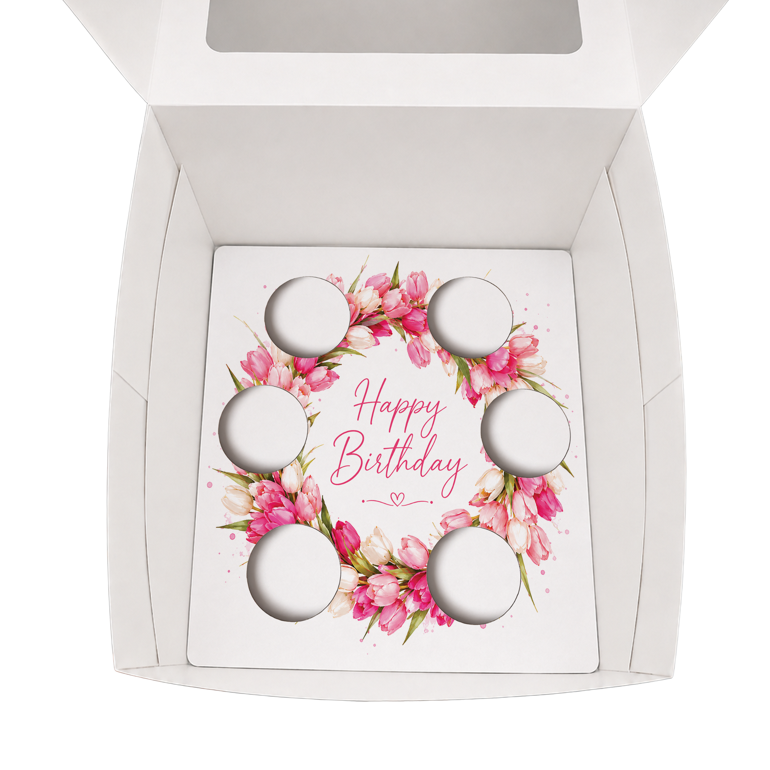 Happy Birthday Cupcake Box Insert Template Printable, Pink Tulip 6 Cupcake Holder, Floral Bouquet Display, USA UK AUS