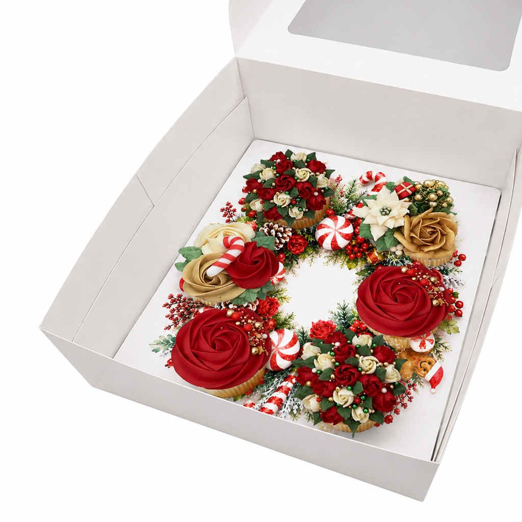 Christmas Cupcake Box Insert Template Printable, 6 Cupcake Holder for 10x10 Box, Reindeer Floral Wreath, Digital Download US UK AU