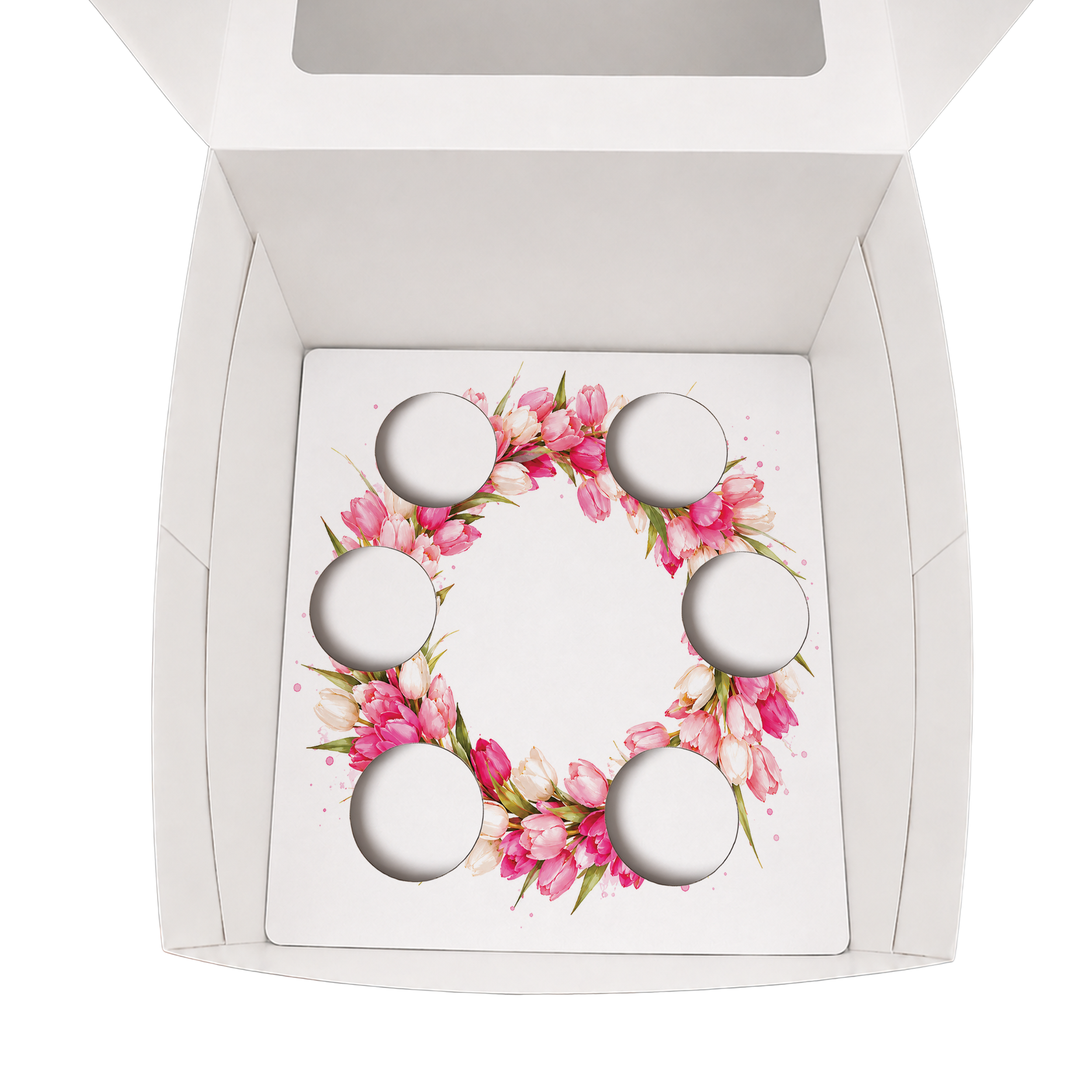 Happy Birthday Cupcake Box Insert Template Printable, Pink Tulip 6 Cupcake Holder, Floral Bouquet Display, USA UK AUS