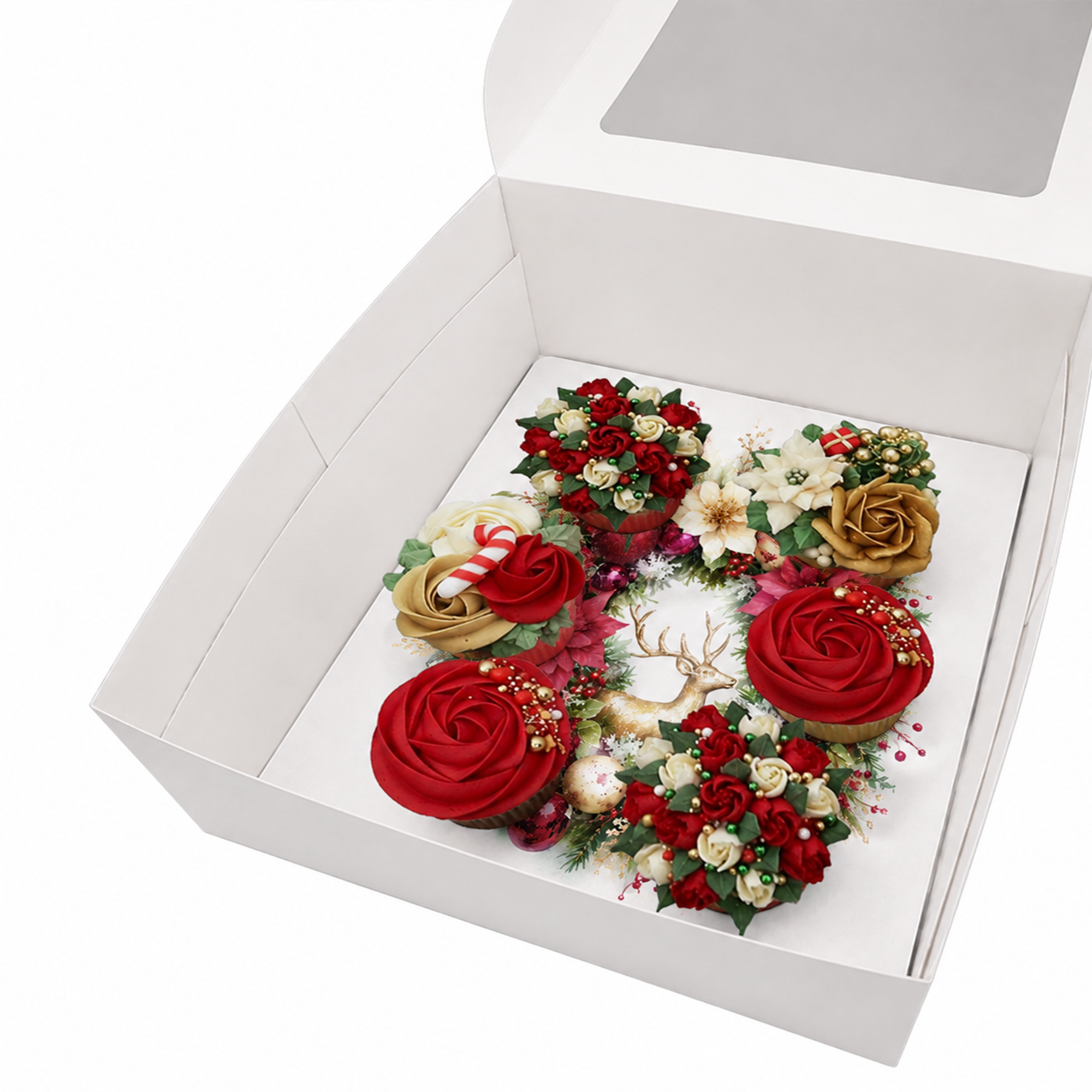 Christmas Cupcake Box Insert Template Printable, 6 Cupcake Holder for 10x10 Box, Reindeer Floral Wreath, Digital Download US UK AU
