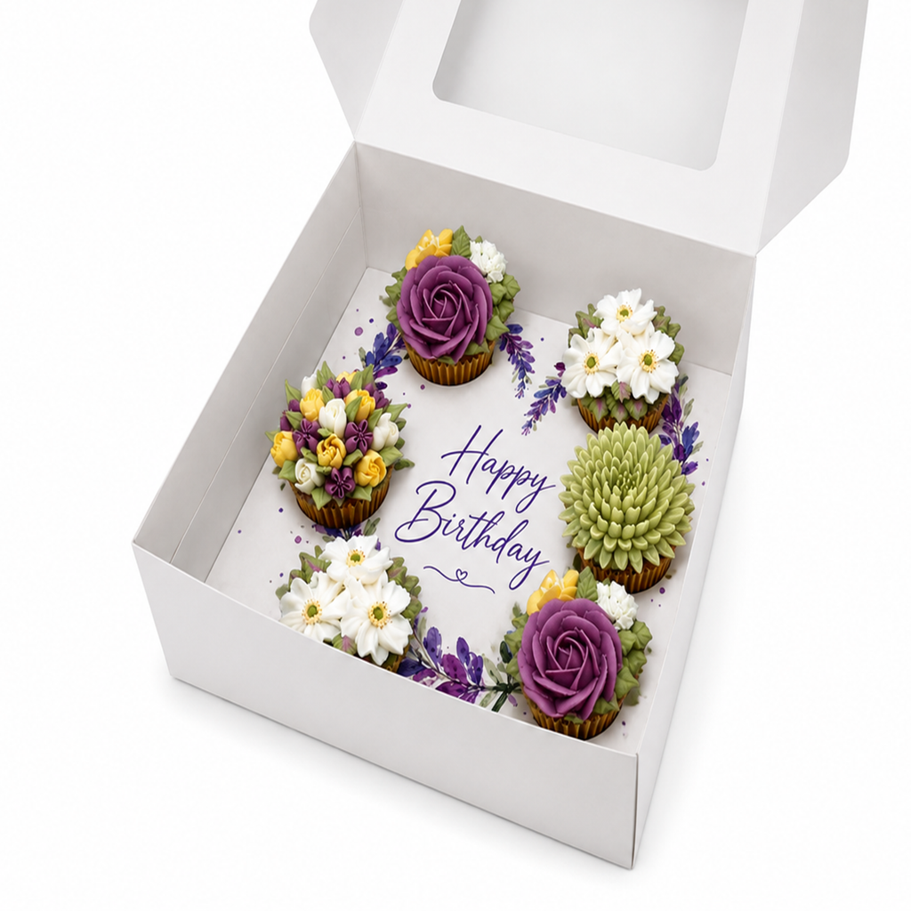 Happy Birthday Cupcake Box Insert Template Printable, Purple Lavender 6 Cupcake Holder, Floral Bouquet Display, USA UK AUS