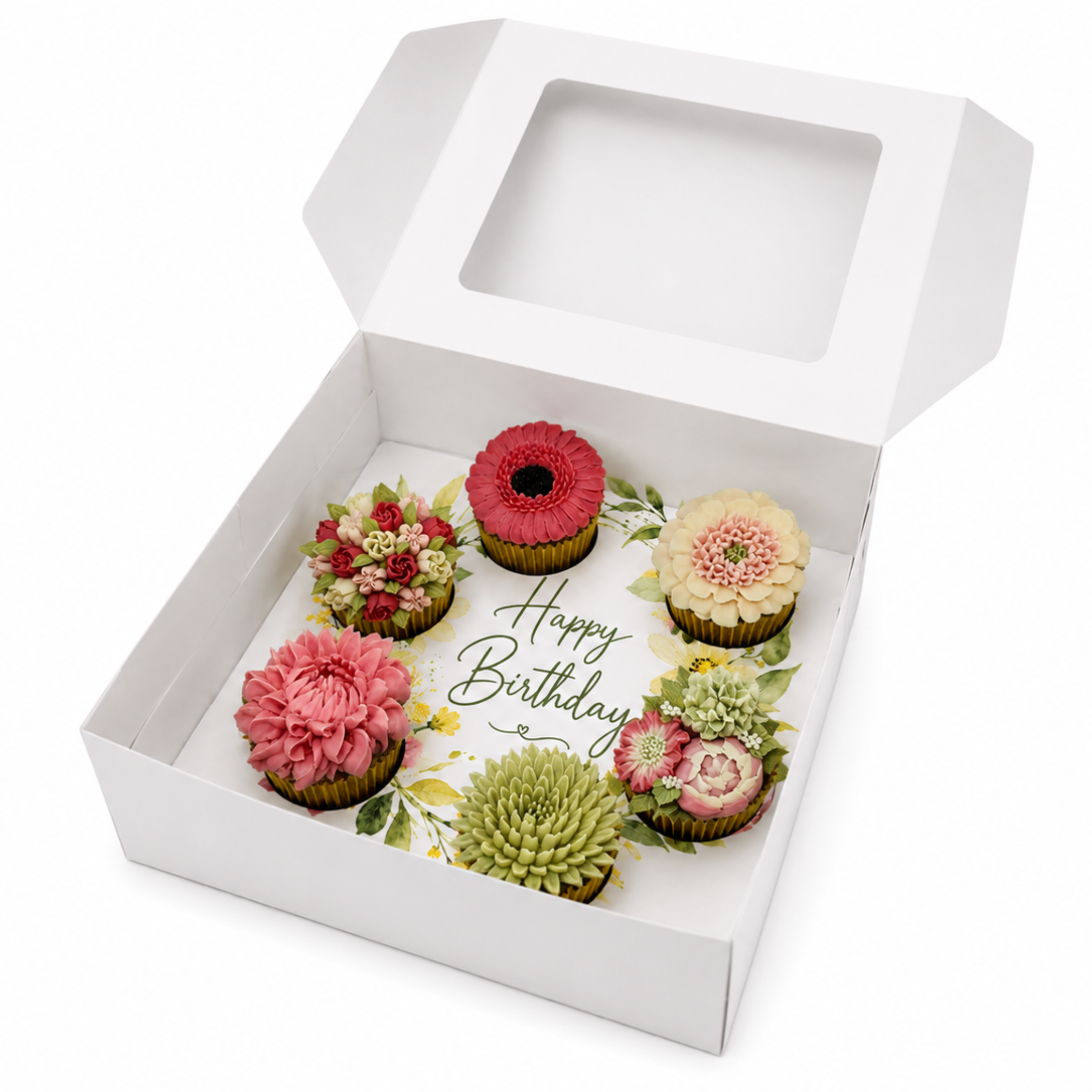 Happy Birthday Cupcake Box Insert Template Printable, Yellow Wildflower 6 Cupcake Holder, Floral Bouquet Display, USA UK AUS
