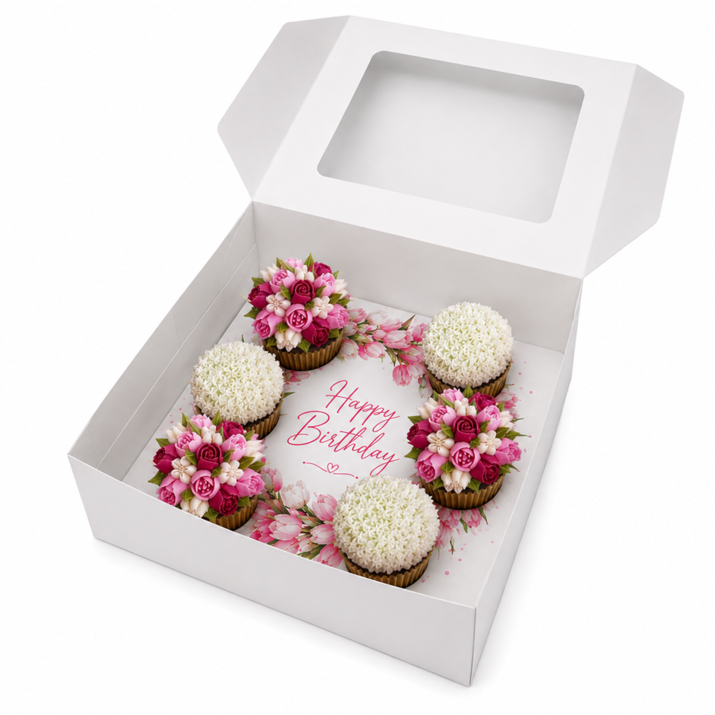 Happy Birthday Cupcake Box Insert Template Printable, Pink Tulip 6 Cupcake Holder, Floral Bouquet Display, USA UK AUS