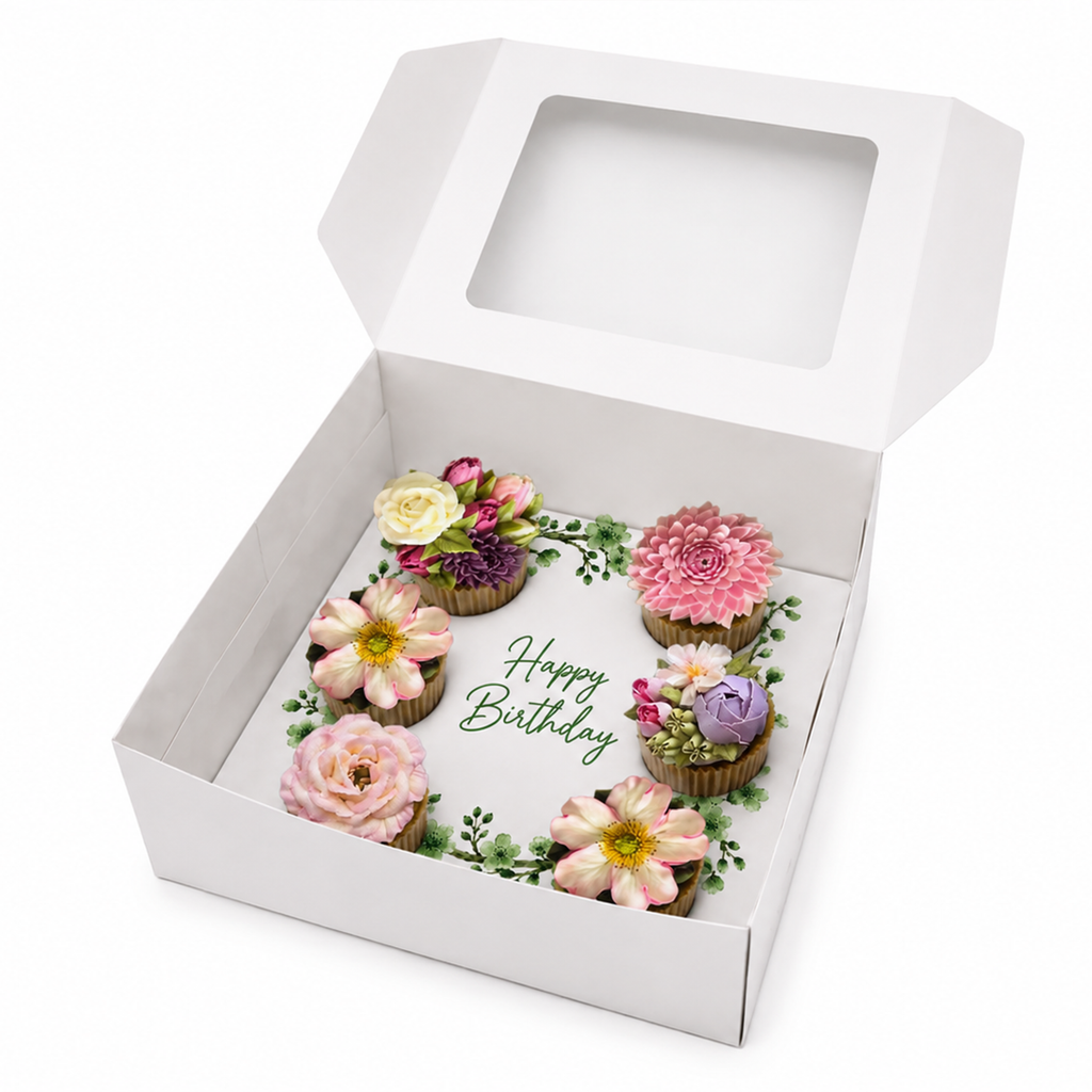 Happy Birthday Cupcake Box Insert Template Printable, Sage Green Floral 6 Cupcake Holder, Botanical Bouquet Display, USA UK AUS