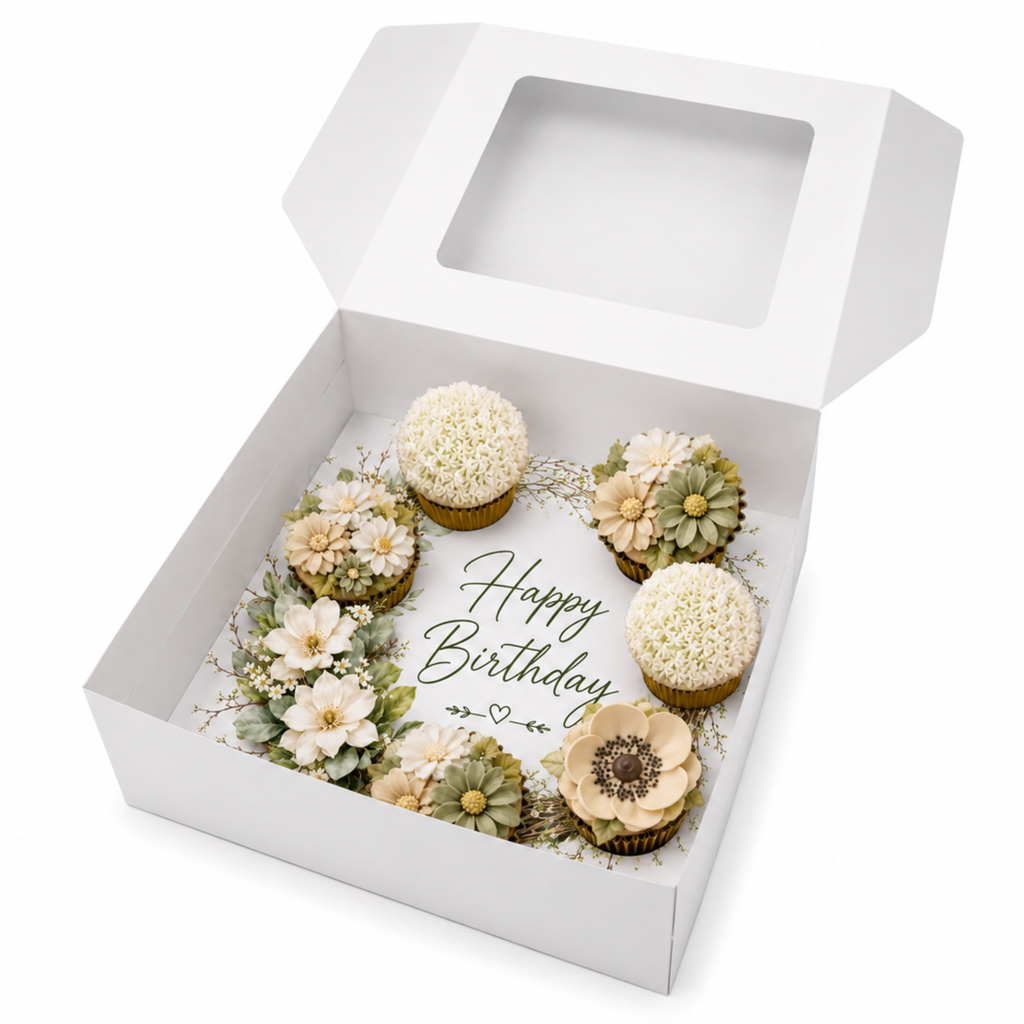 Happy Birthday Cupcake Box Insert Template Printable, Ivory Sage Floral 6 Cupcake Holder, Botanical Bouquet Display, USA UK AUS