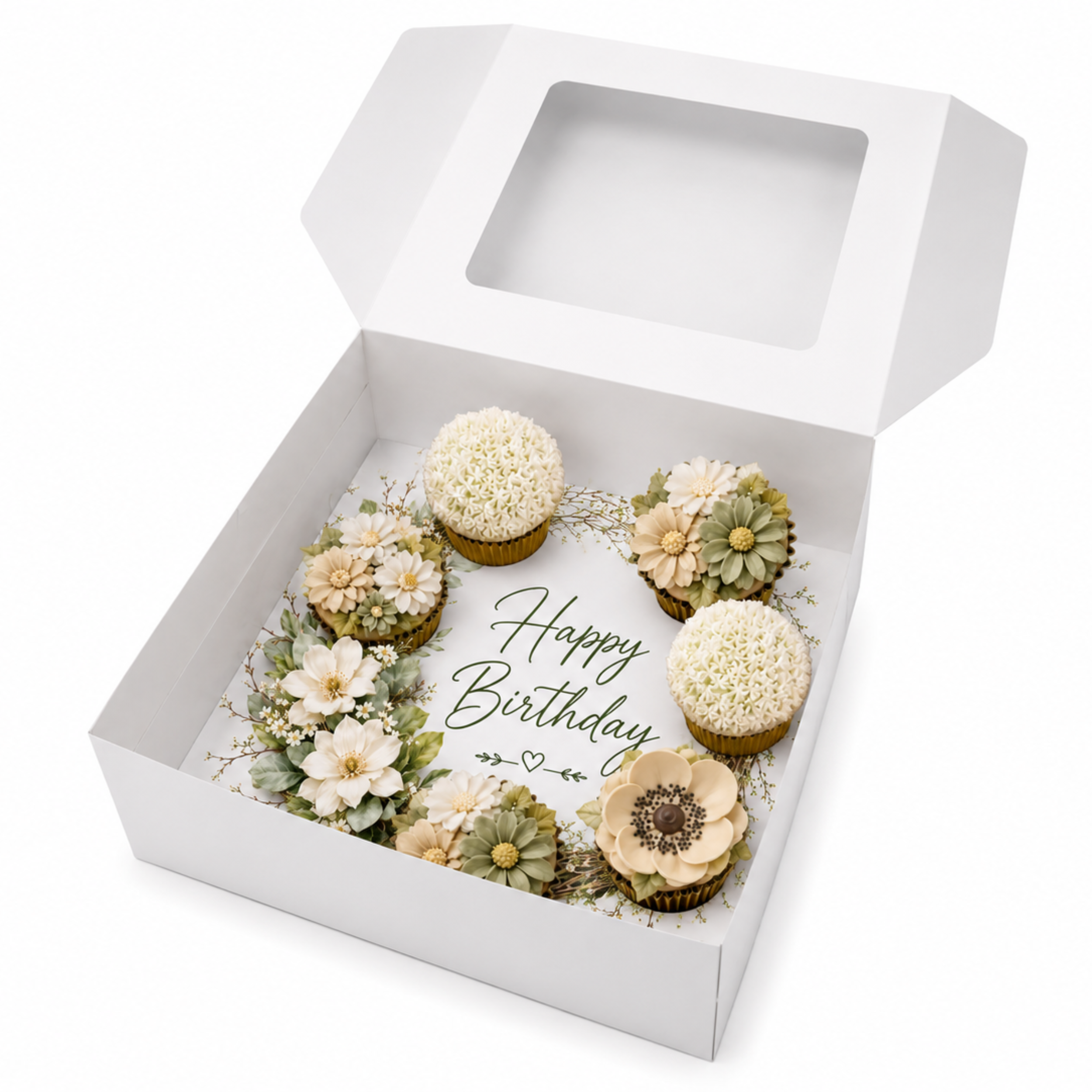 Happy Birthday Cupcake Box Insert Template Printable, Ivory Sage Floral 6 Cupcake Holder, Botanical Bouquet Display, USA UK AUS
