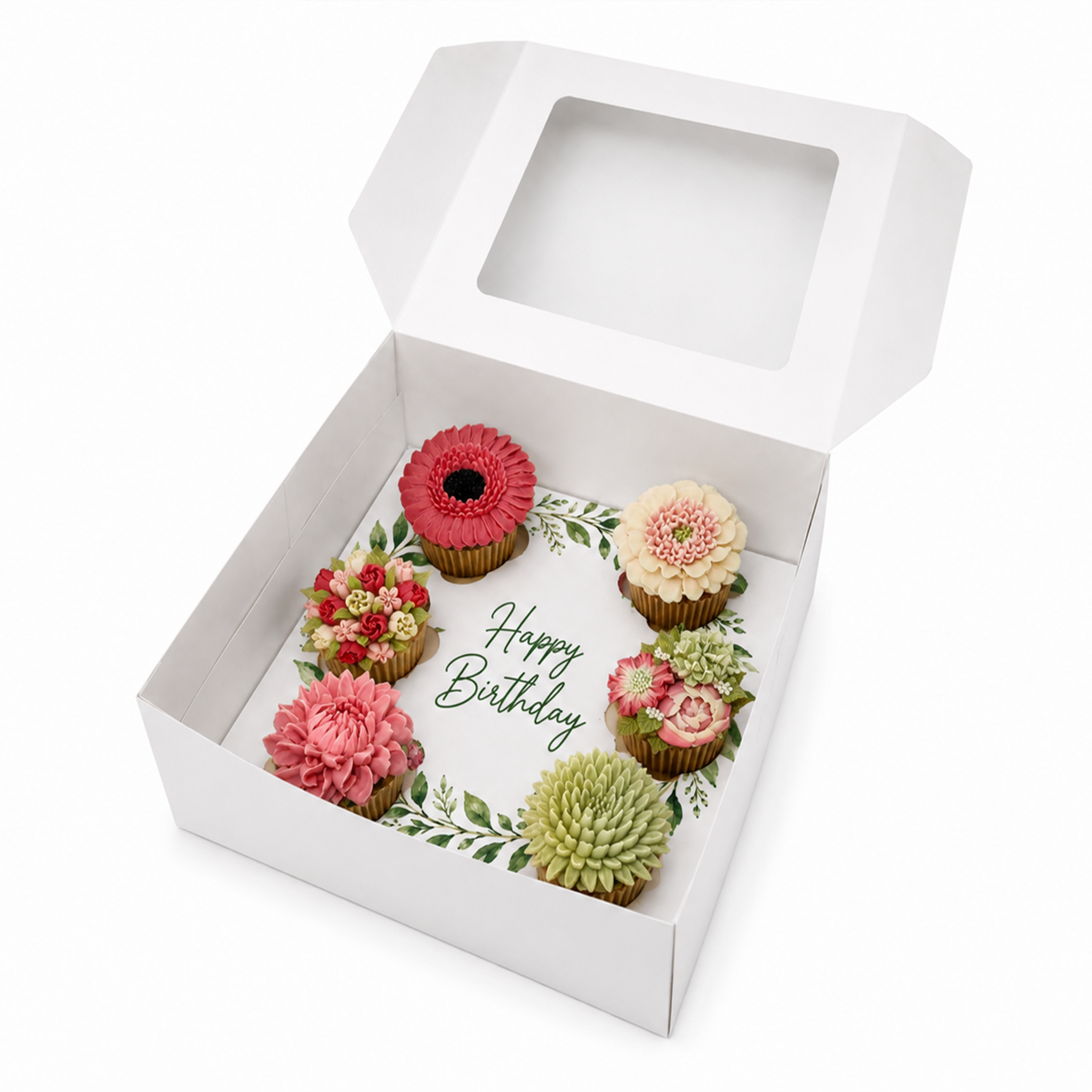 Happy Birthday Cupcake Box Insert Template Printable, Green Leaf Wreath 6 Cupcake Holder, Botanical Bouquet Display, USA UK AUS